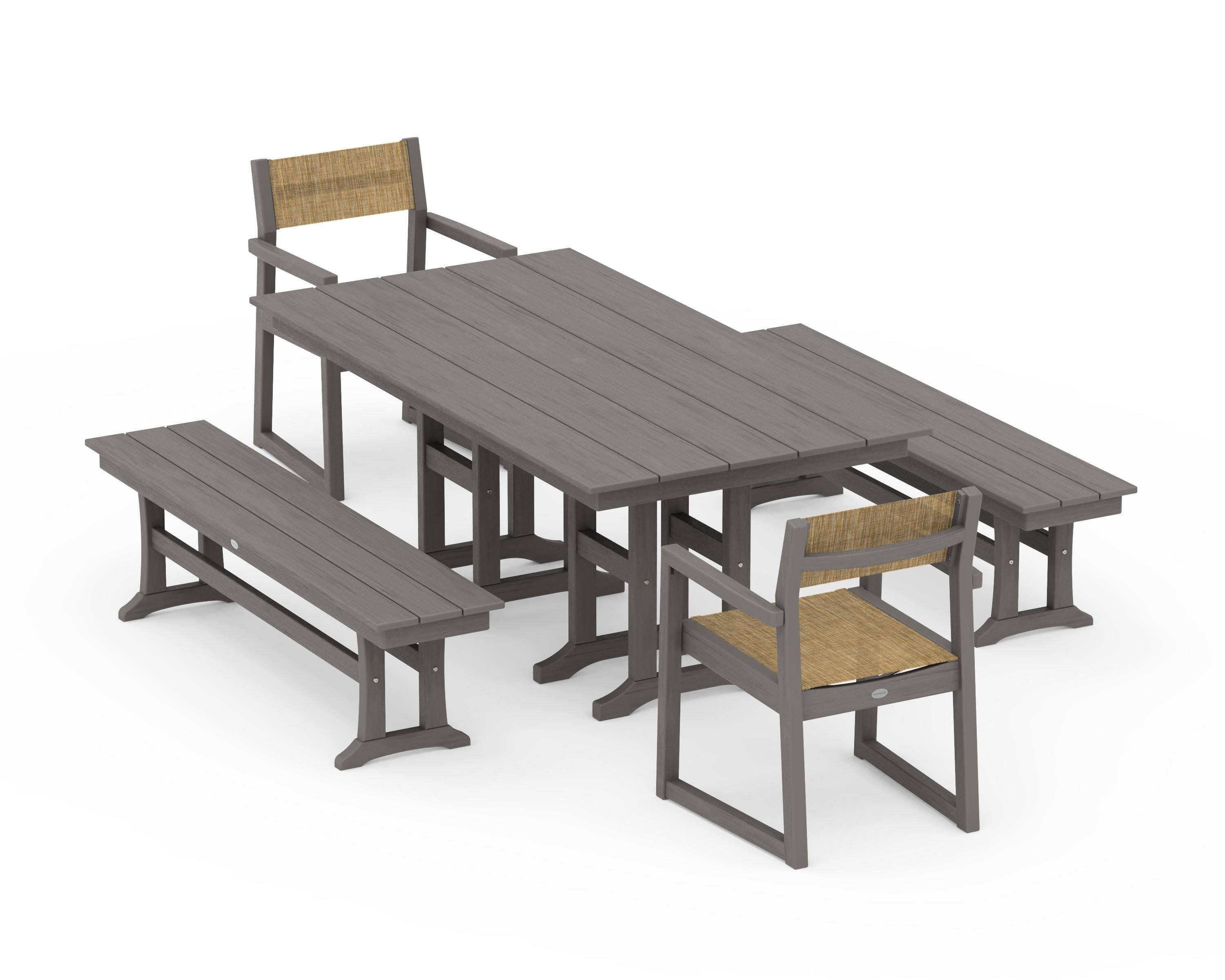 EDGE Sling Arm Chair 5-Piece Farmhouse Dining Set with Benches in Driftwood / Burlap Sling