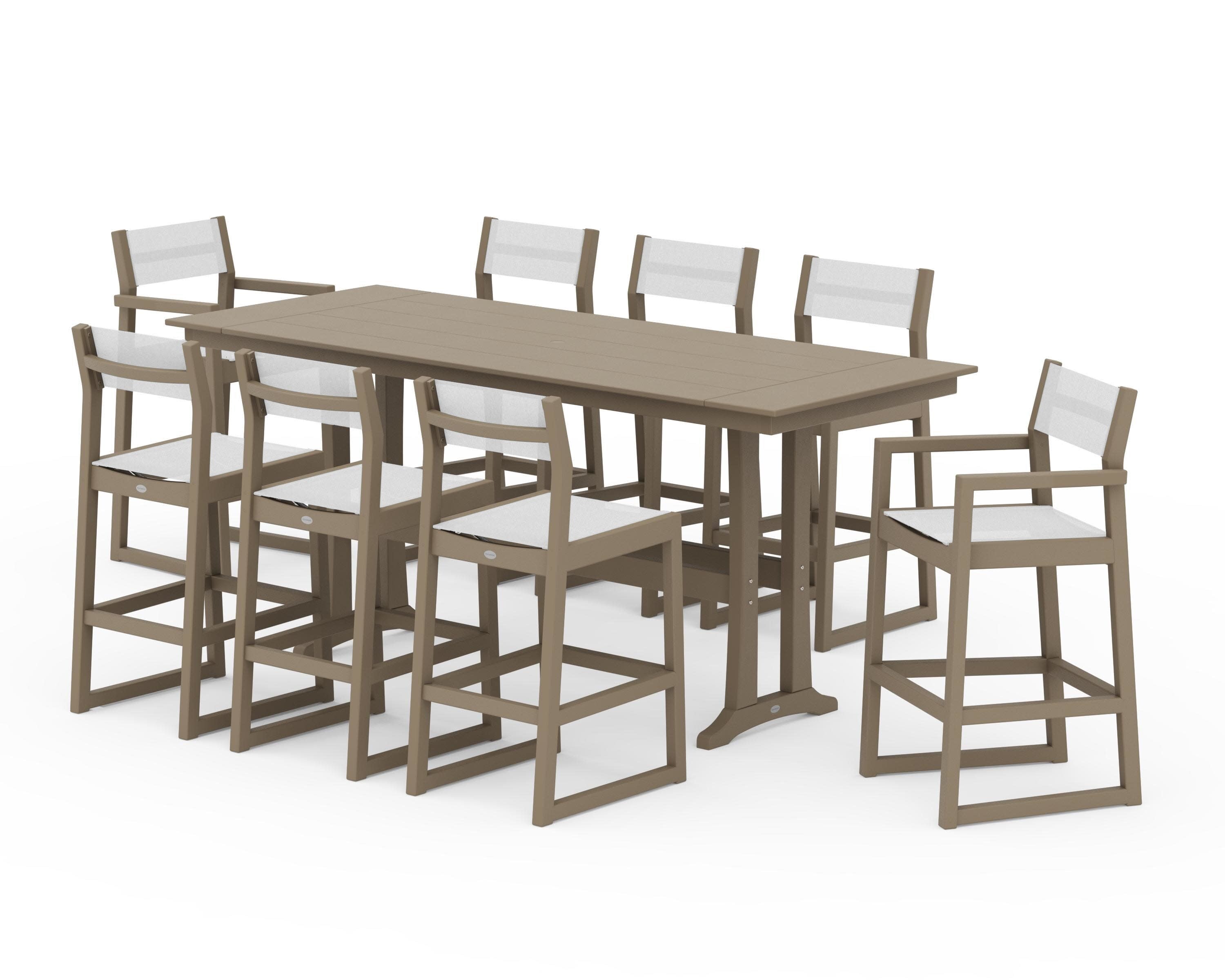 EDGE Sling 9-Piece Farmhouse Bar Set with Trestle Legs in Vintage Sahara / White Sling