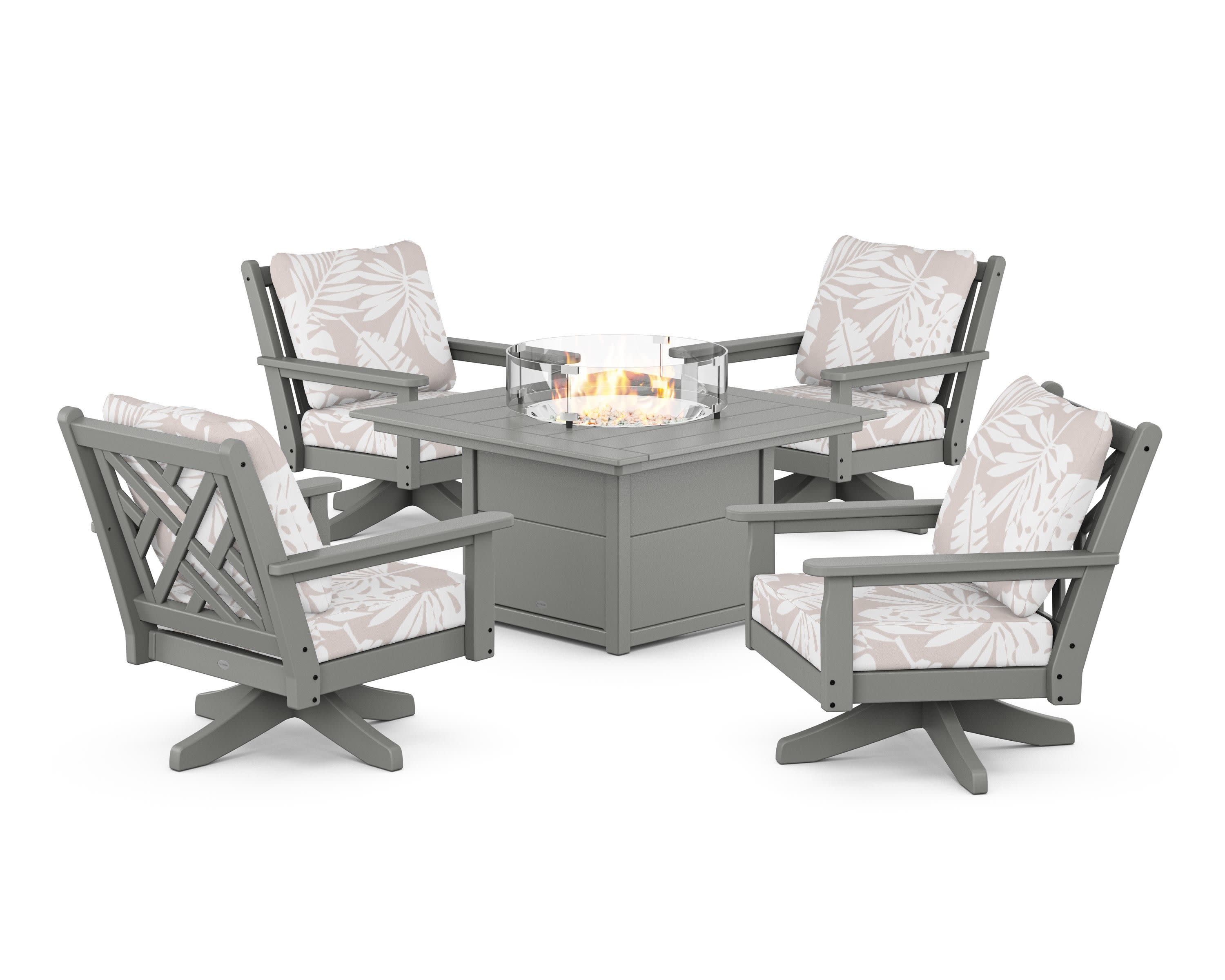 Chippendale 5-Piece Deep Seating Swivel Conversation Set with Fire Pit Table in Slate Grey / Leaf Dune Burlap