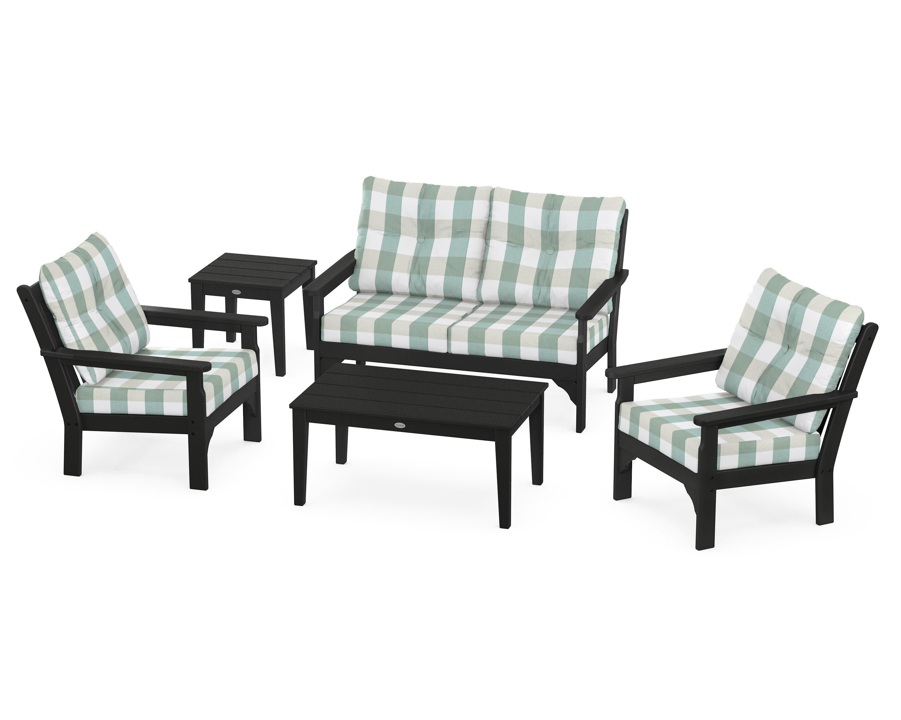 Vineyard 5-Piece Deep Seating Set in Black / Buffalo Plaid Glacier Spa