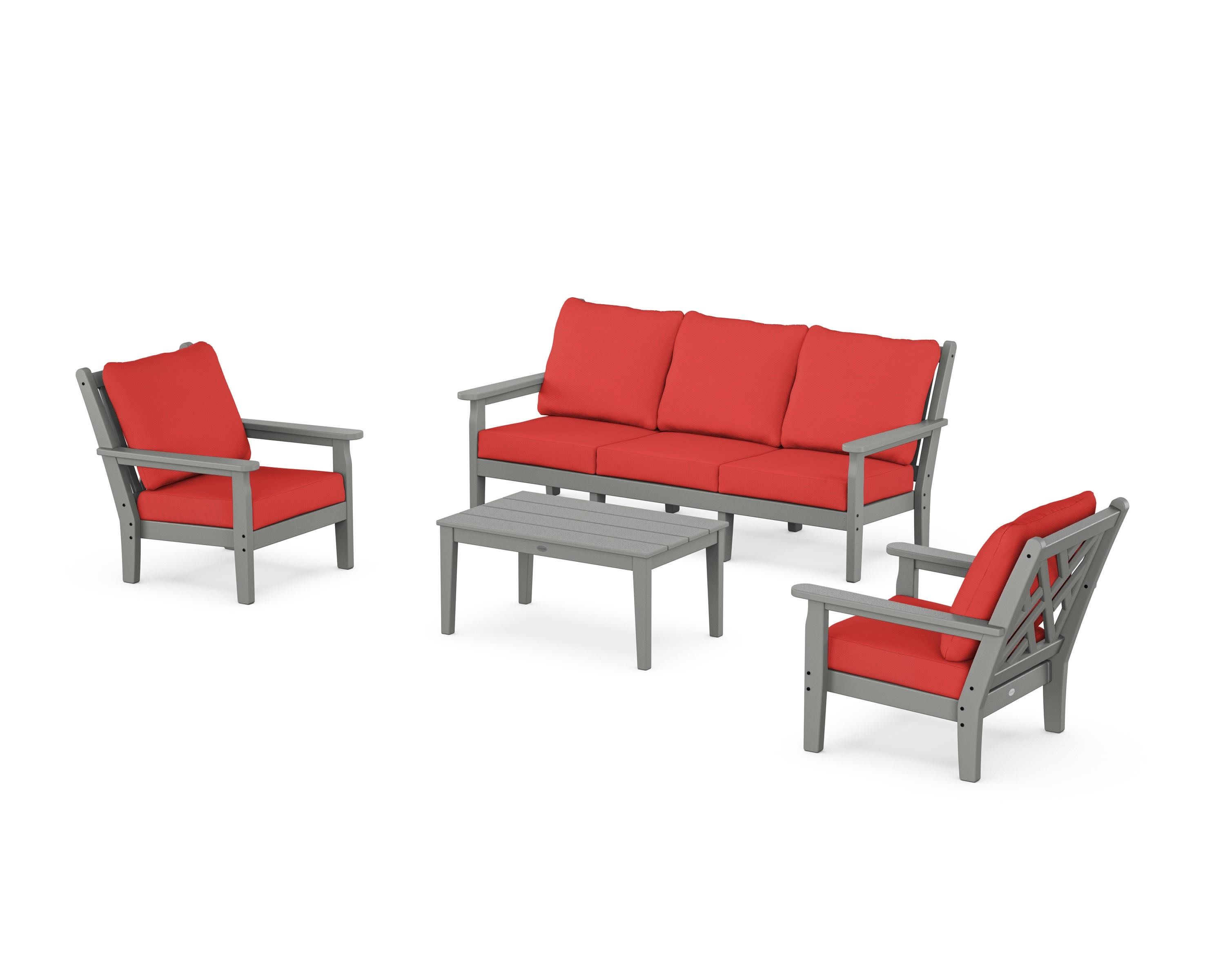 Chippendale 4-Piece Deep Seating Set with Sofa in Slate Grey / Crimson Linen