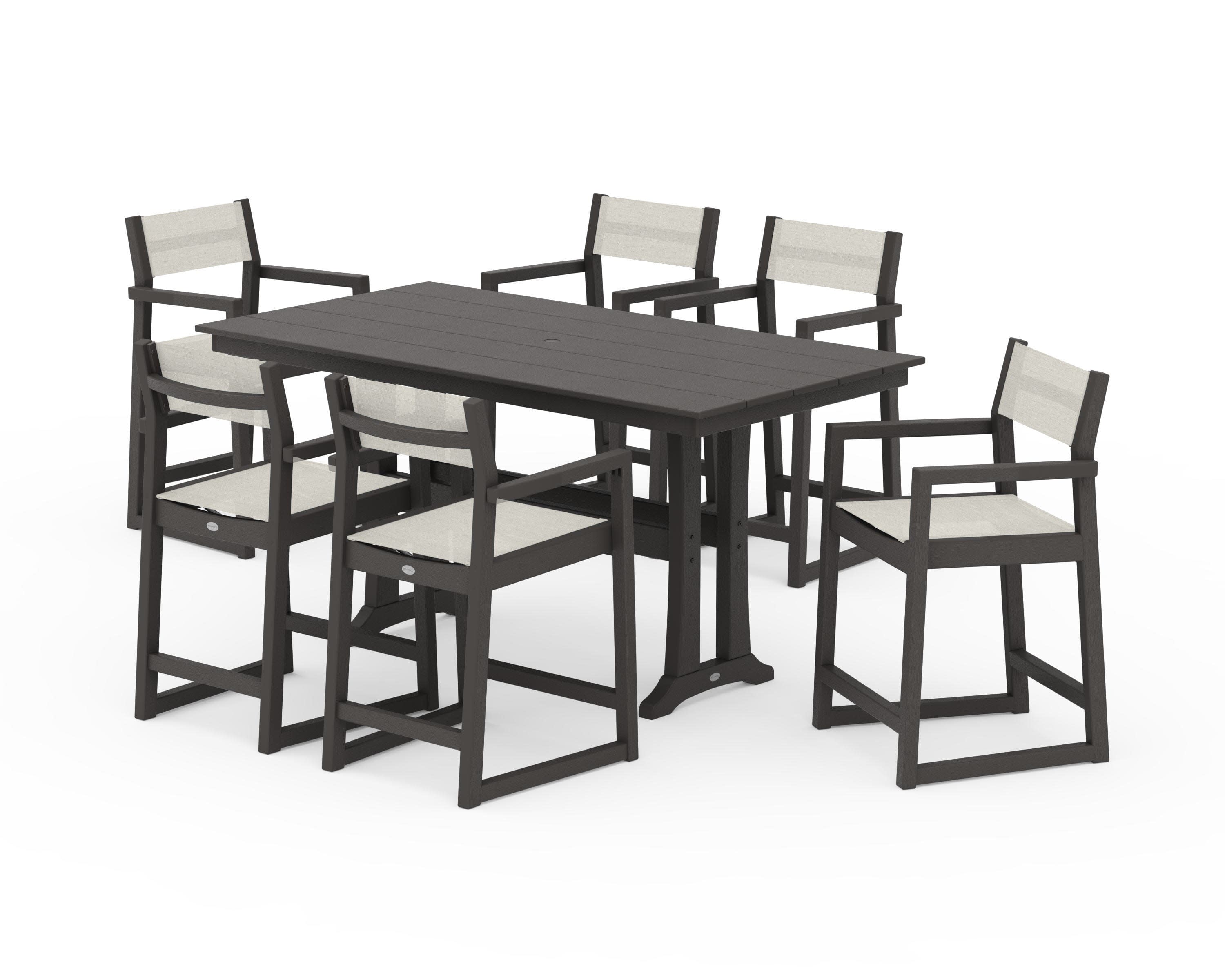 EDGE Sling Arm Chair 7-Piece Farmhouse Counter Set with Trestle Legs in Vintage Coffee / Parchment Sling