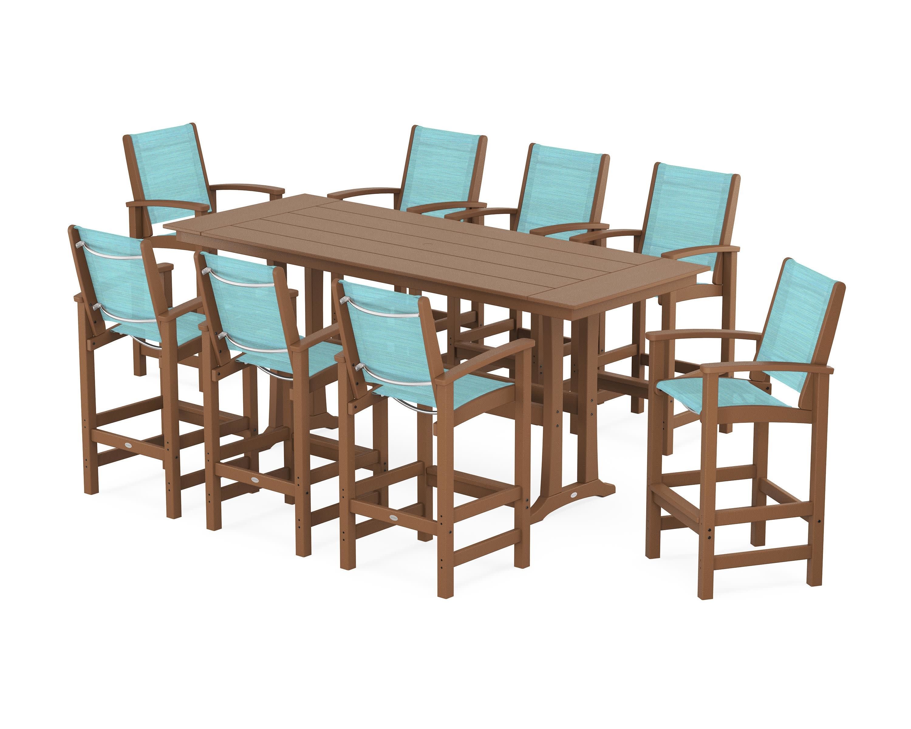 Coastal 9-Piece Farmhouse Bar Set with Trestle Legs in Teak / Dupioni Aquamarine Sling