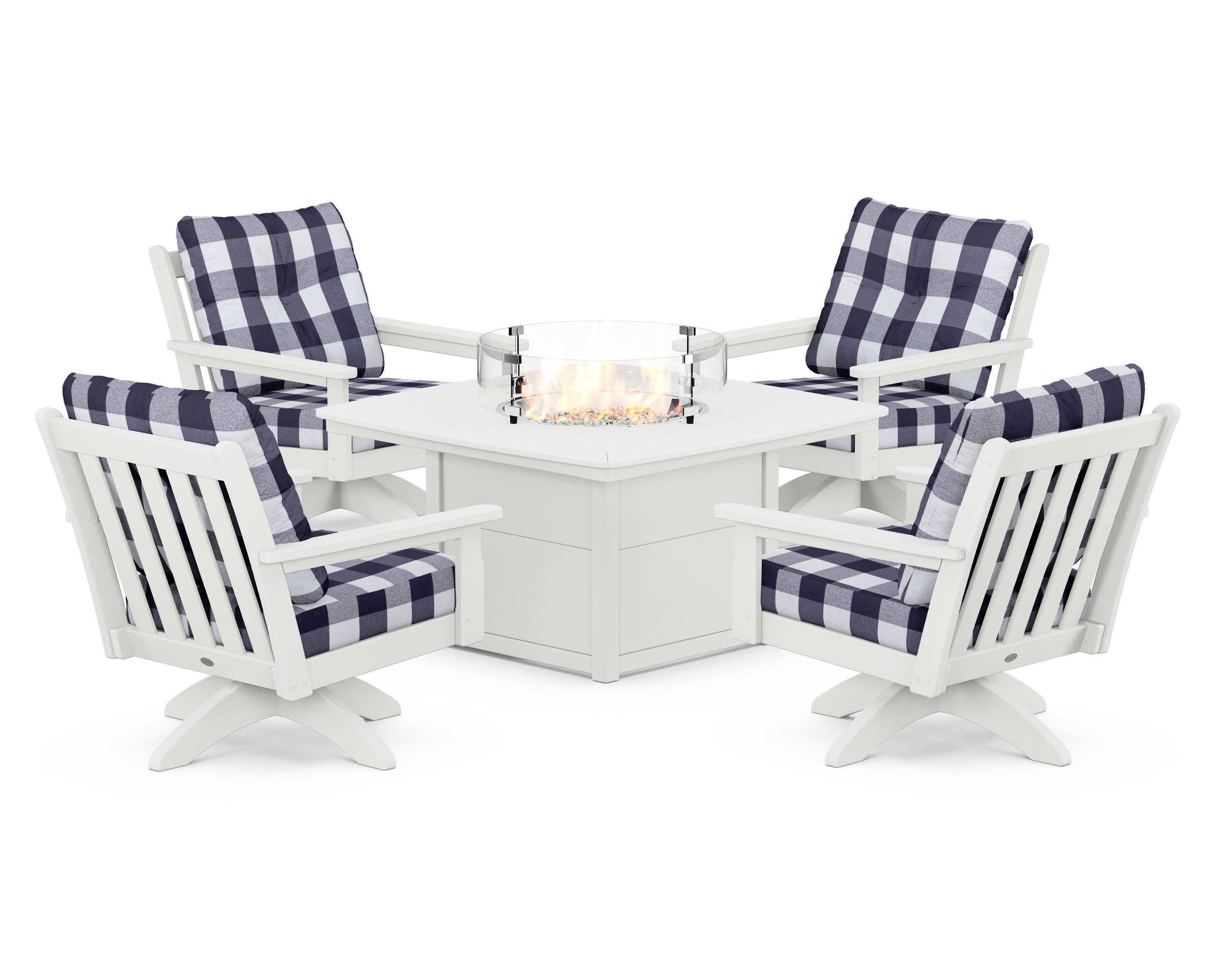 Vineyard 5-Piece Deep Seating Swivel Conversation Set with Fire Pit Table in Vintage White / Buffalo Plaid Navy