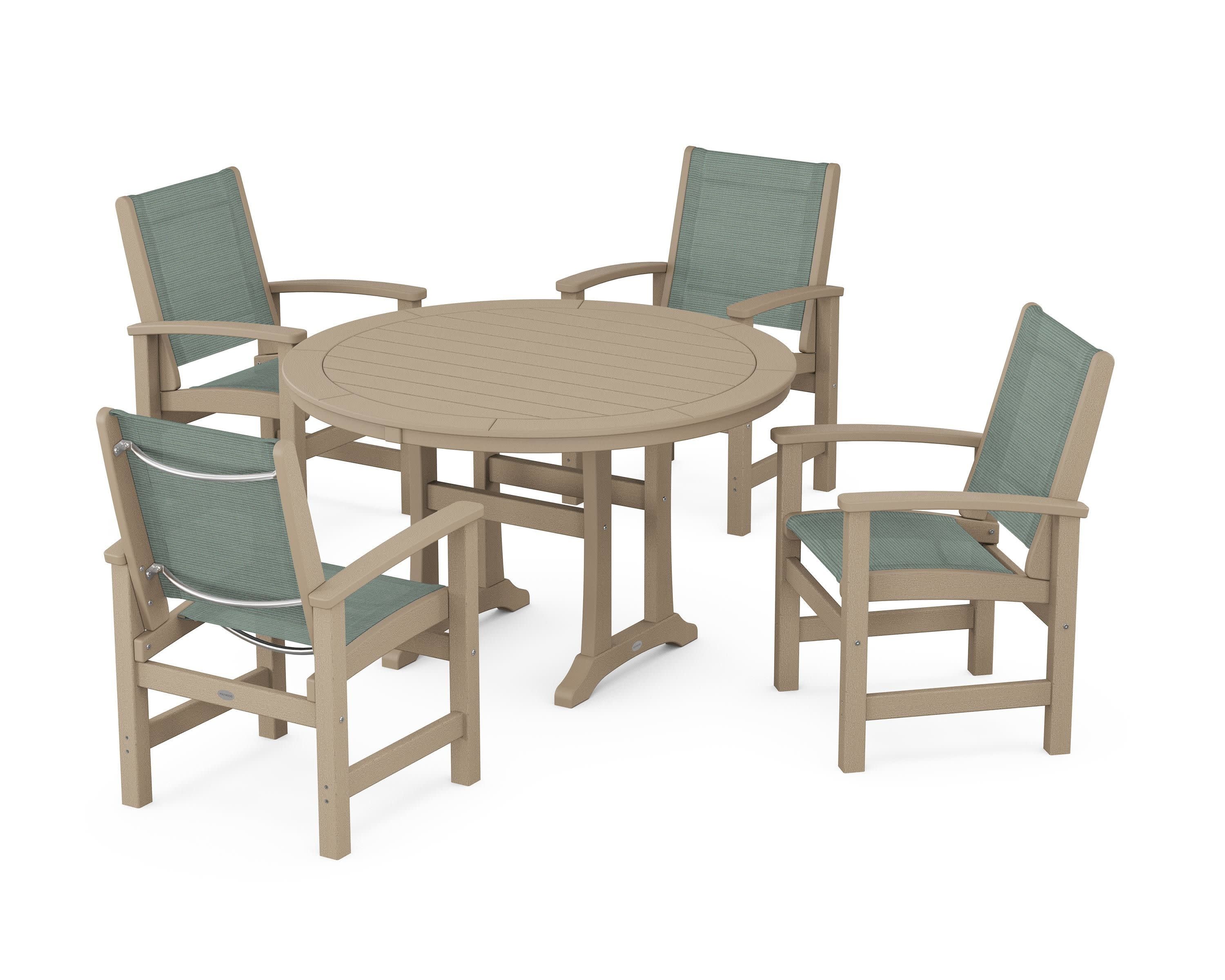 Coastal 5-Piece Round Dining Set with Trestle Legs in Vintage Sahara / Dupioni Sea Mist Sling
