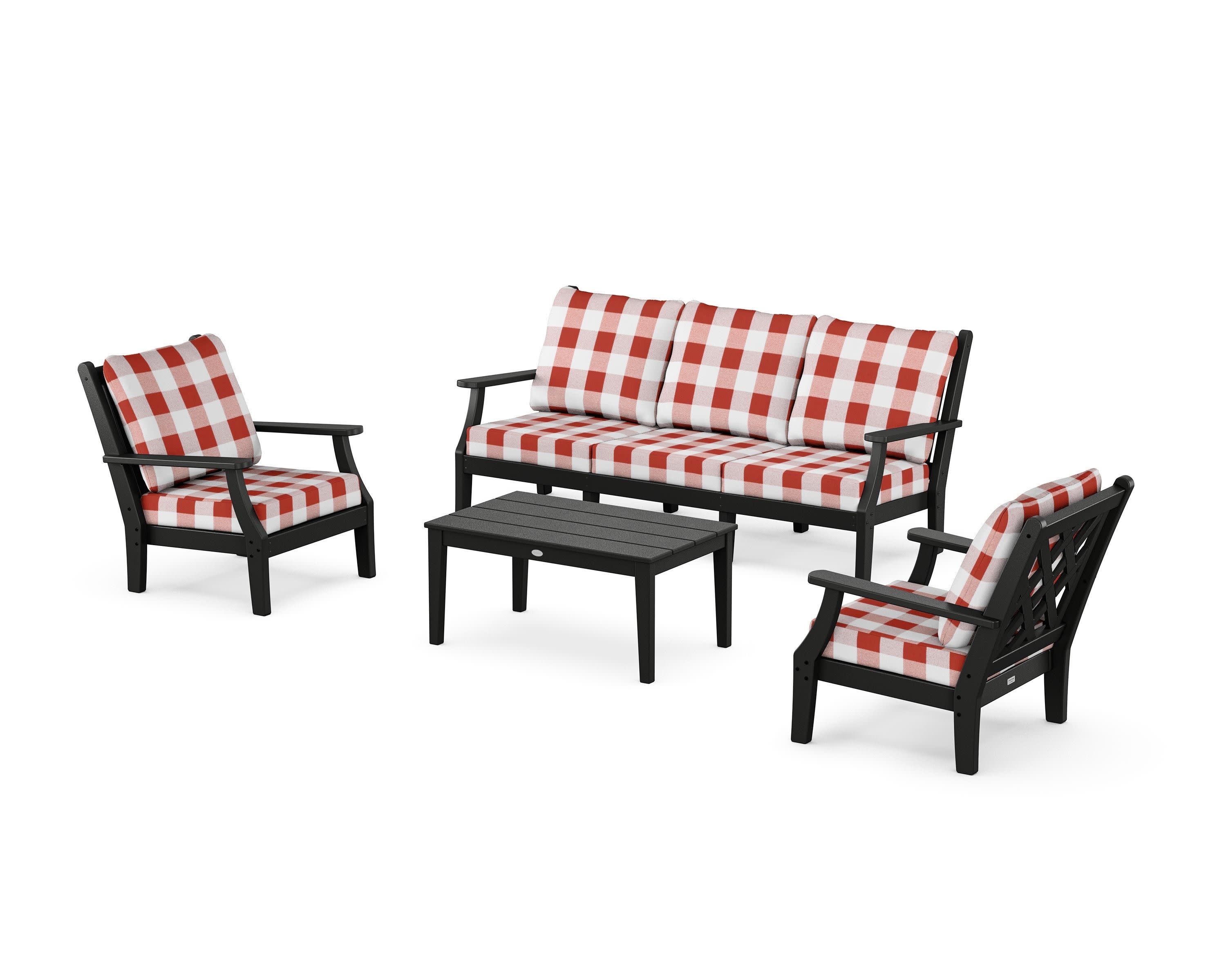 Wovendale 4-Piece Deep Seating Set with Sofa in Black / Buffalo Plaid Crimson