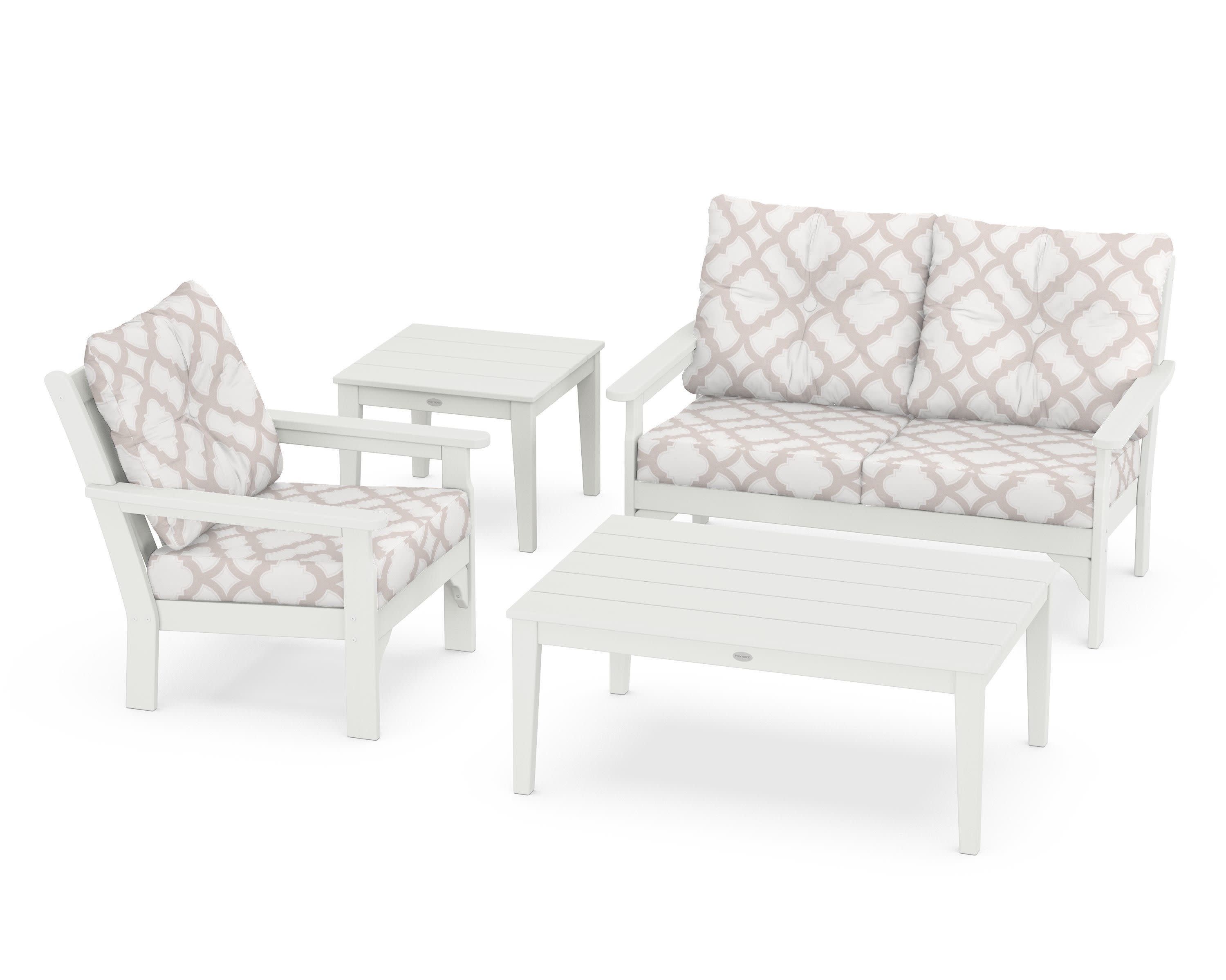 Vineyard 4-Piece Deep Seating Set in Vintage White / Trellis Dune Burlap