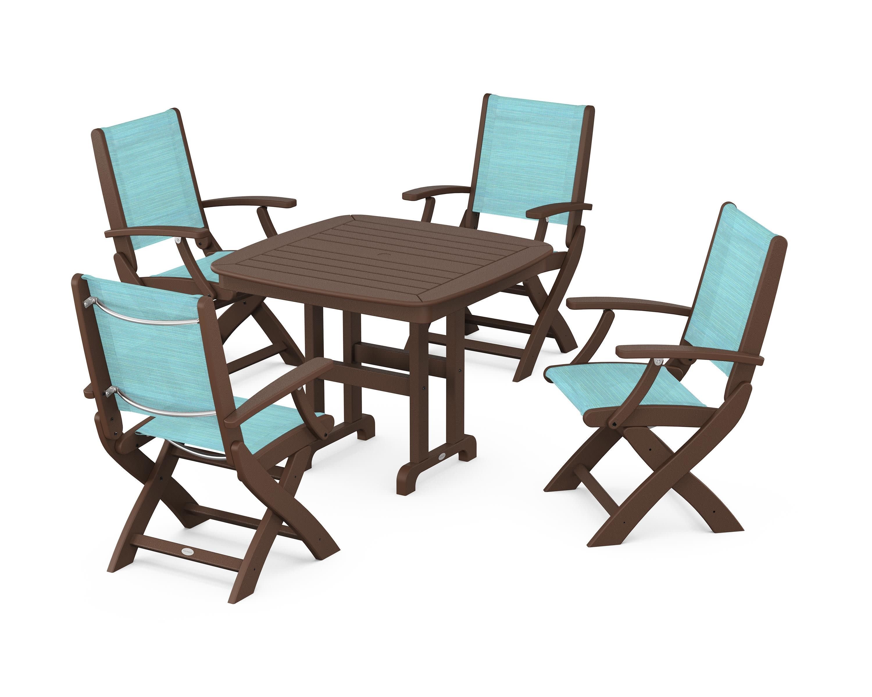 Coastal Folding Chair 5-Piece Dining Set in Mahogany / Dupioni Aquamarine Sling