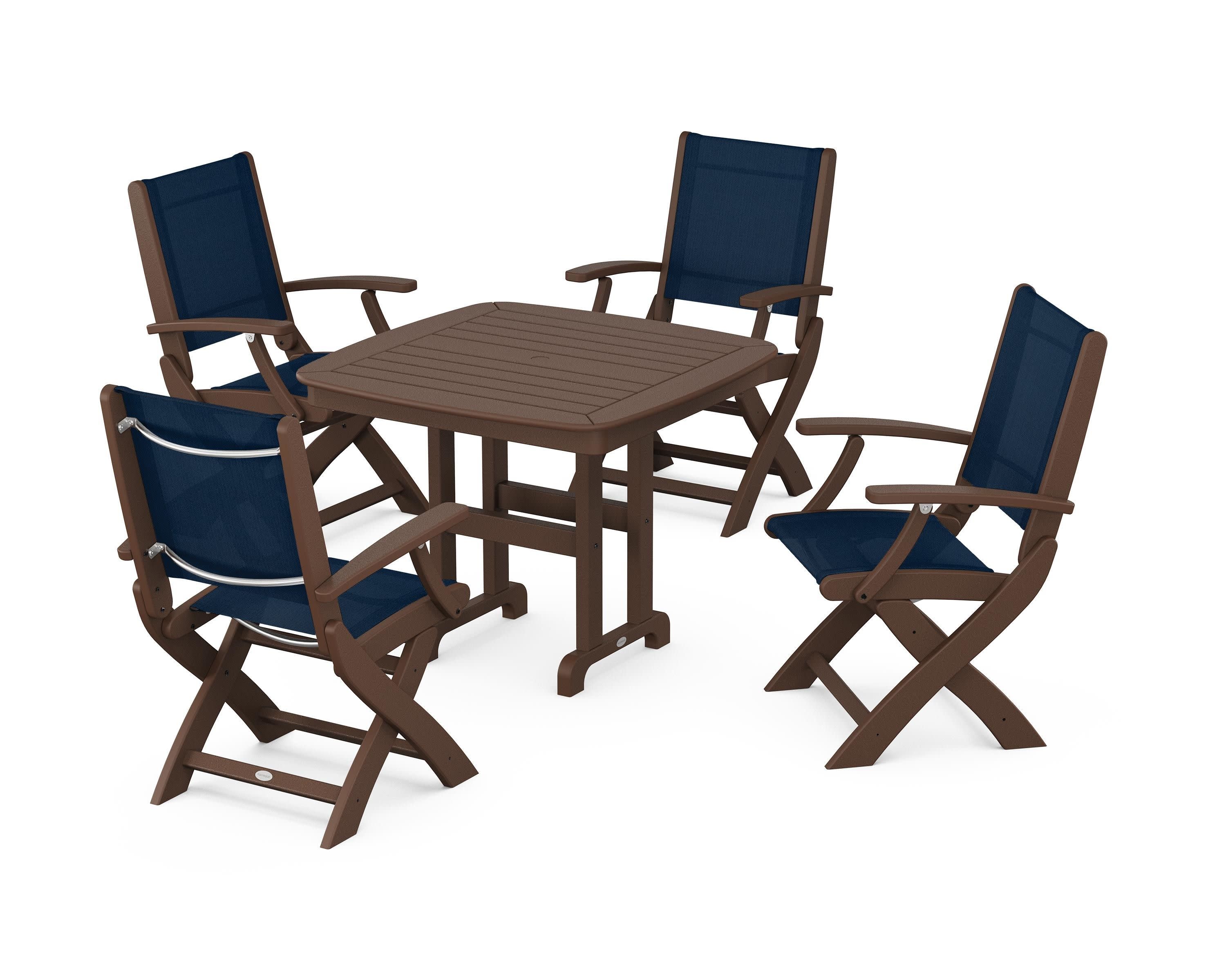 Coastal Folding Chair 5-Piece Dining Set in Mahogany / Navy Blue Sling