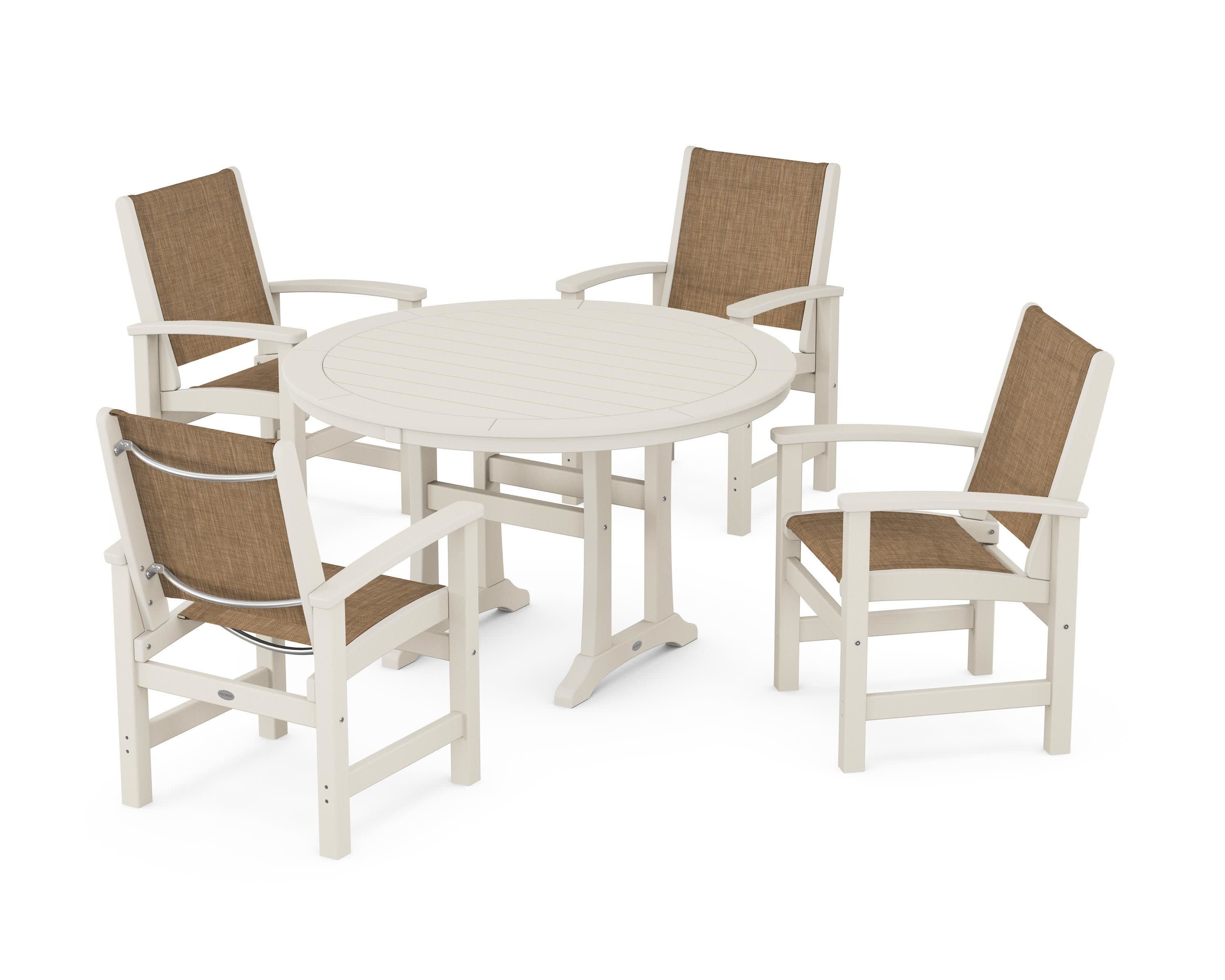 Coastal 5-Piece Round Dining Set with Trestle Legs in Sand / Burlap Sling