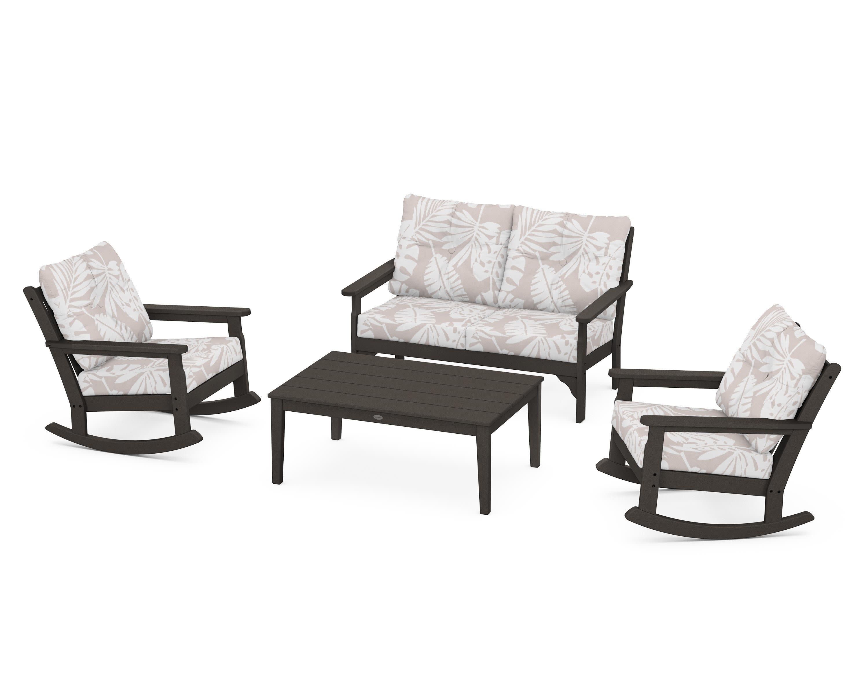 Vineyard 4-Piece Deep Seating Rocking Chair Set in Vintage Coffee / Leaf Dune Burlap