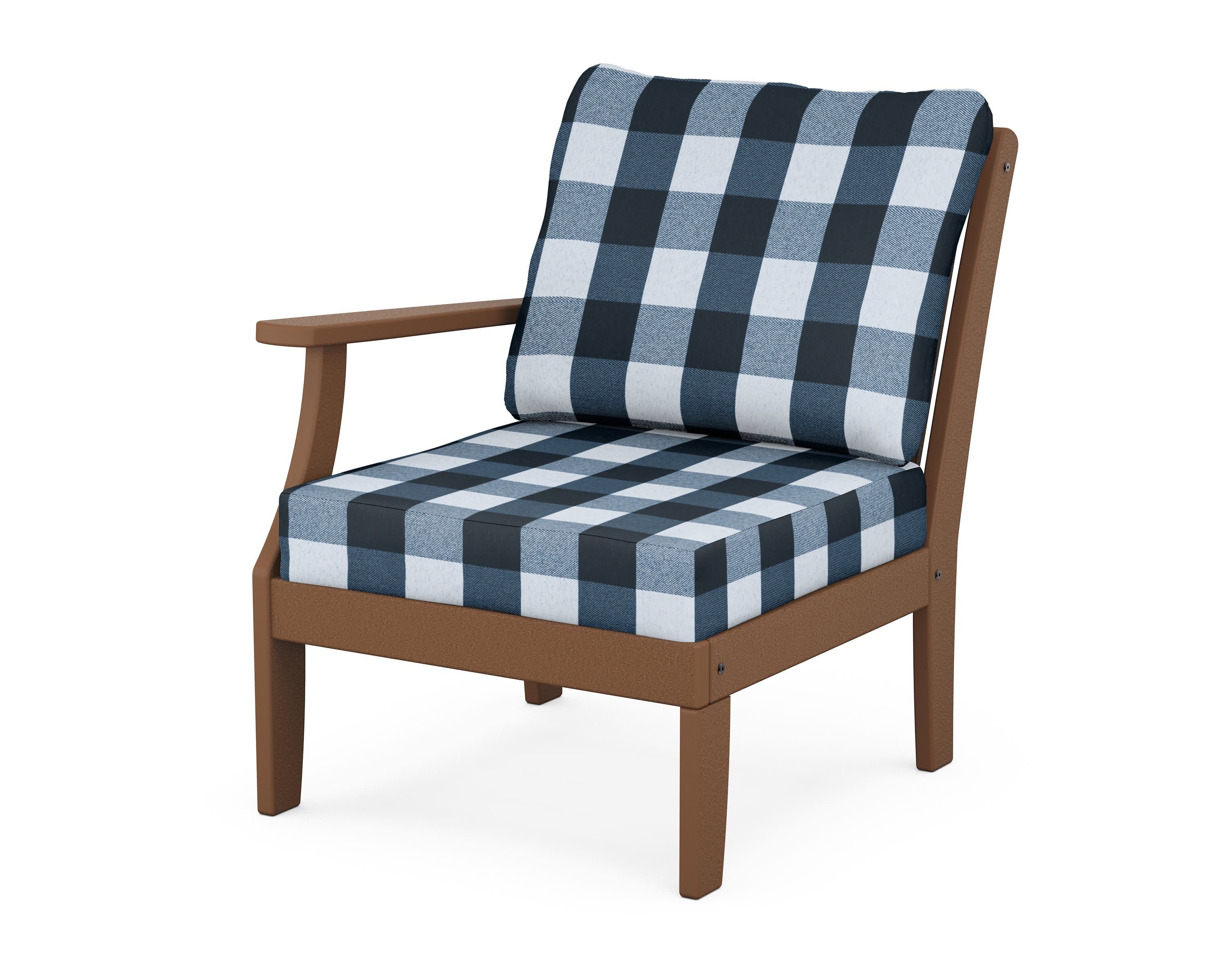 Braxton Modular Left Arm Chair in Teak / Buffalo Plaid Marine Indigo