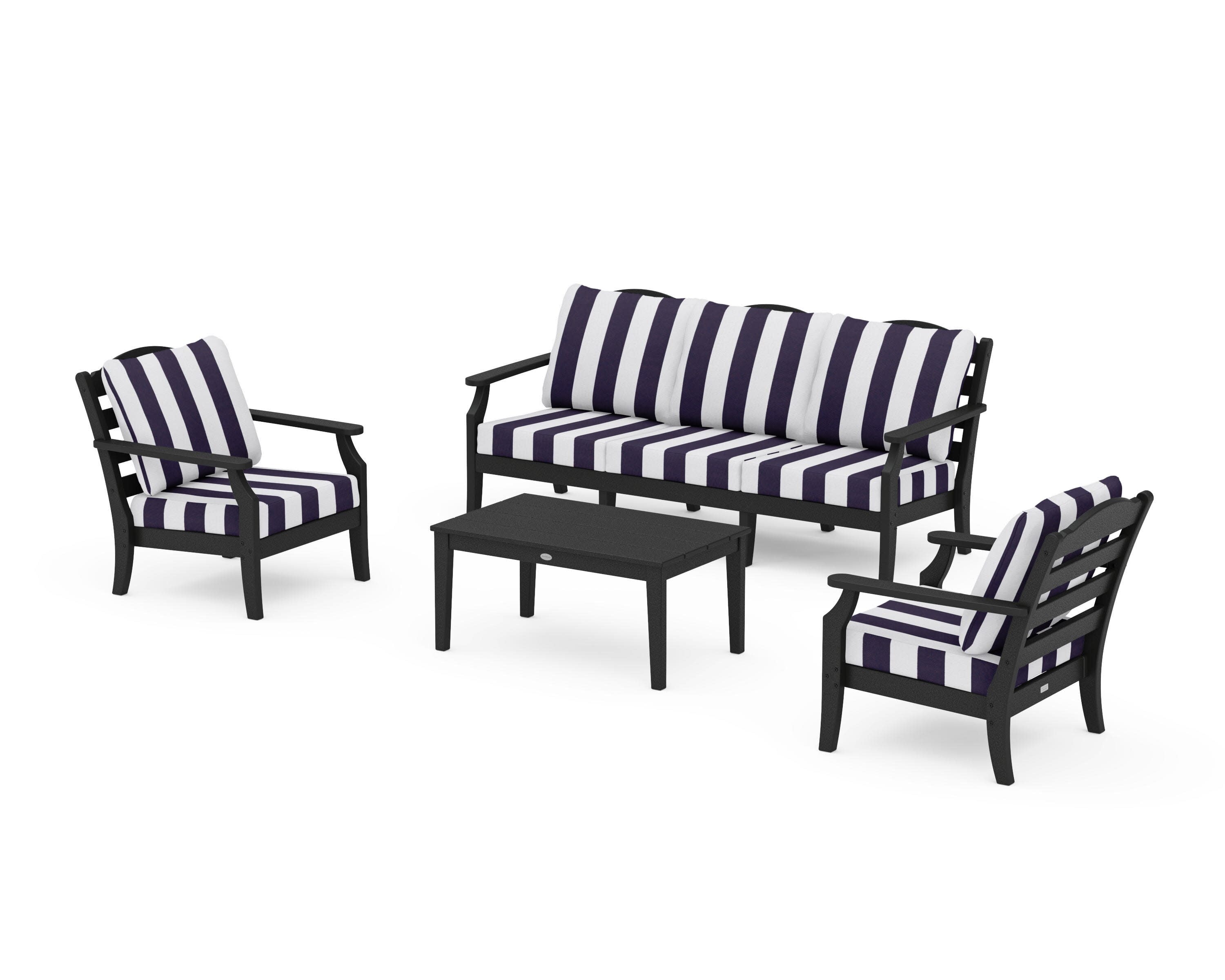 Savannah 4-Piece Deep Seating Set with Sofa in Black / Cabana Stripe Navy
