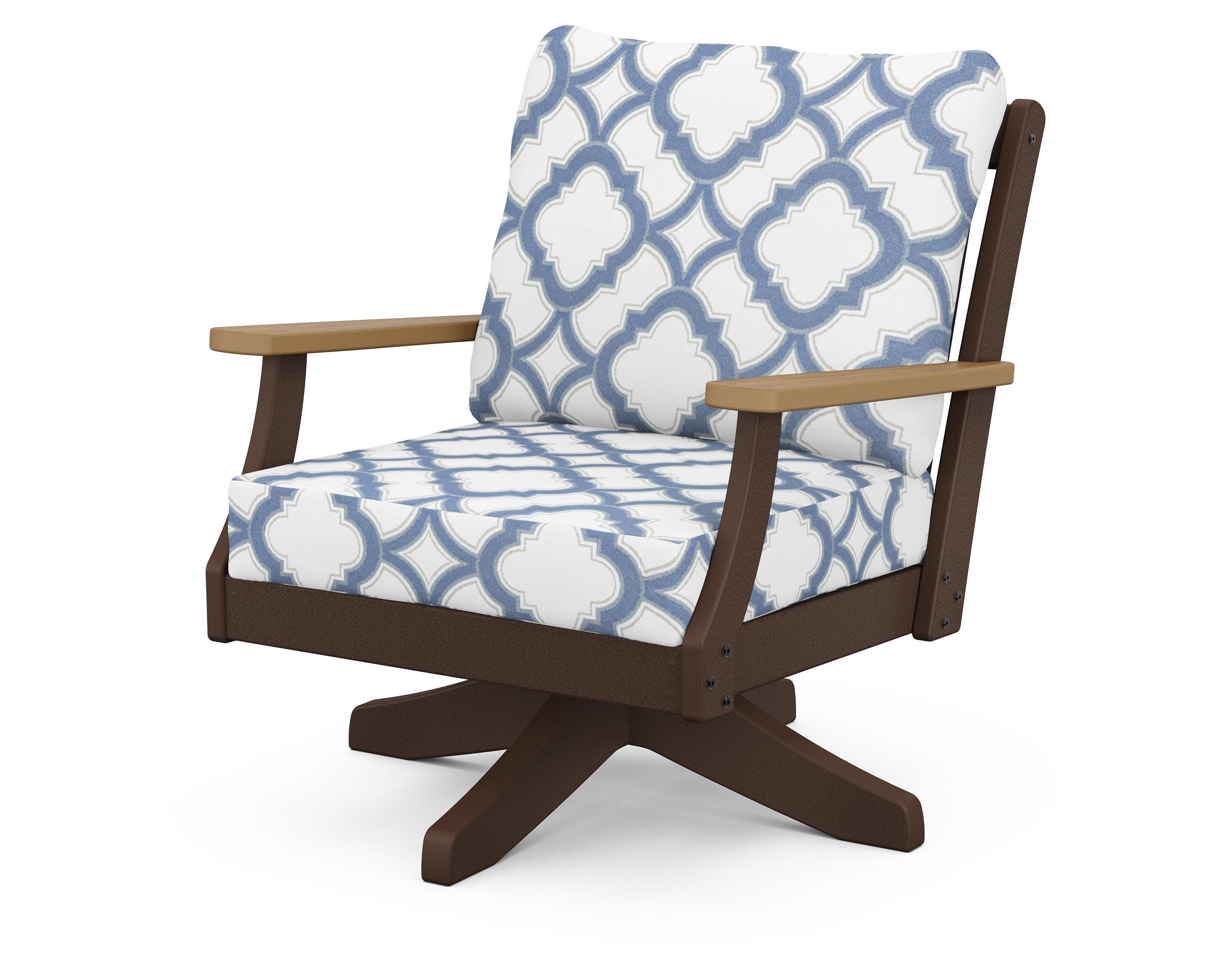Braxton Deep Seating Swivel Chair in Mahogany / Natural / Trellis Sky Blue