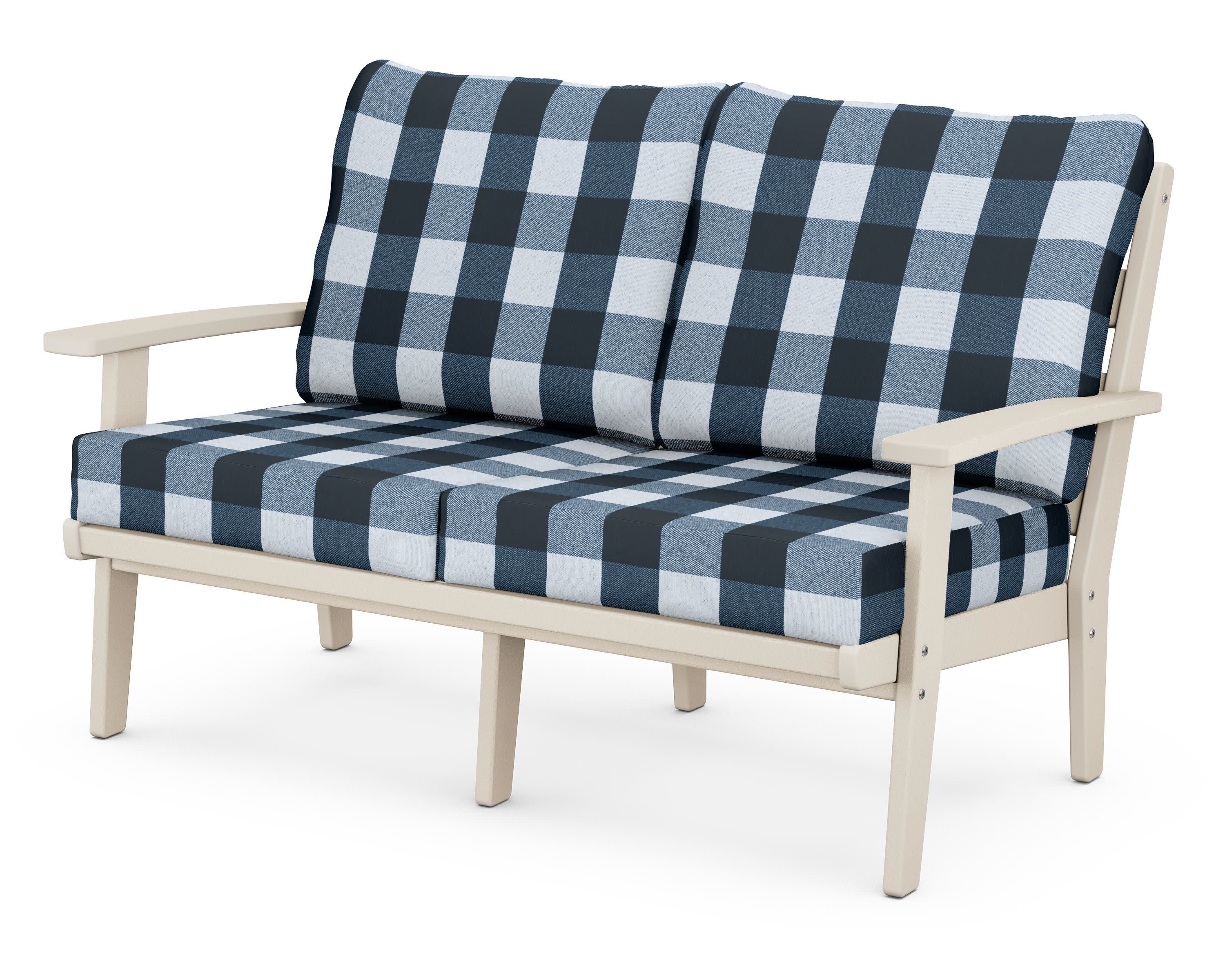 Grant Park Deep Seating Loveseat in Sand / Buffalo Plaid Marine Indigo