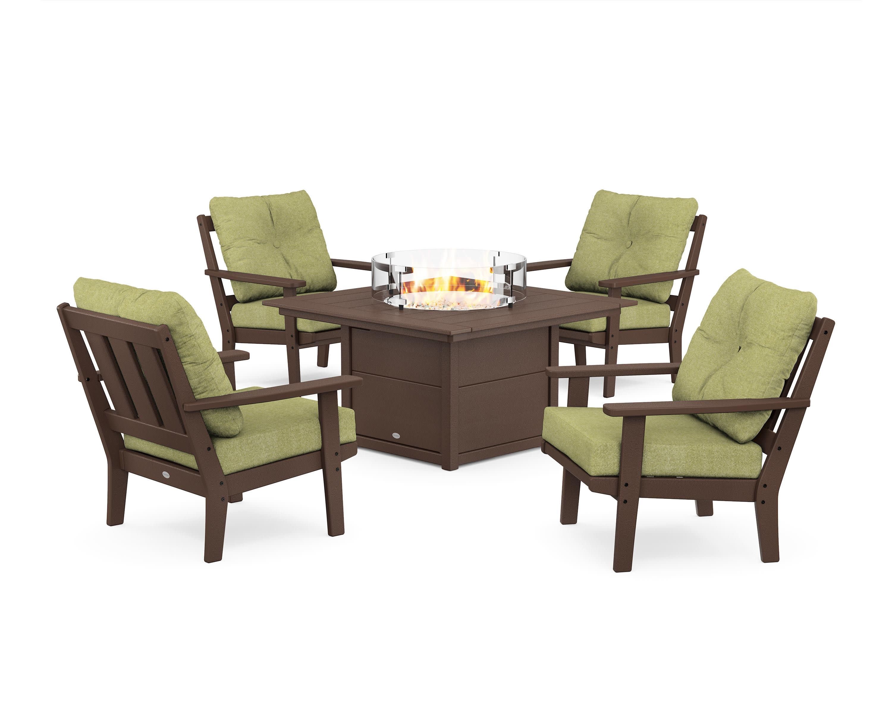 Oxford 5-Piece Deep Seating Set with Fire Pit Table in Mahogany / Chartreuse Boucle
