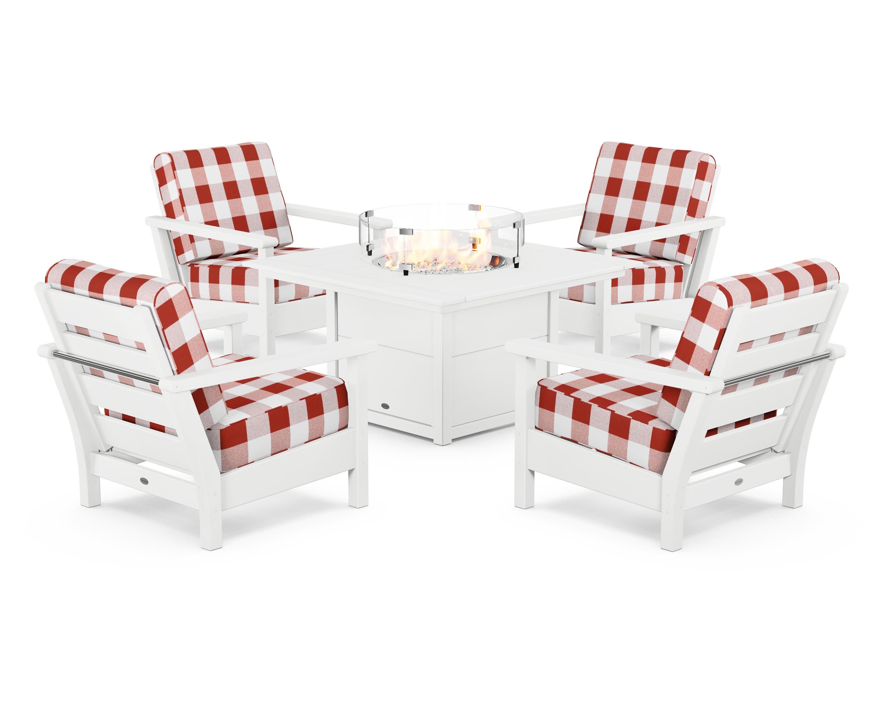 Harbour 5-Piece Conversation Set with Fire Pit Table in White / Buffalo Plaid Crimson