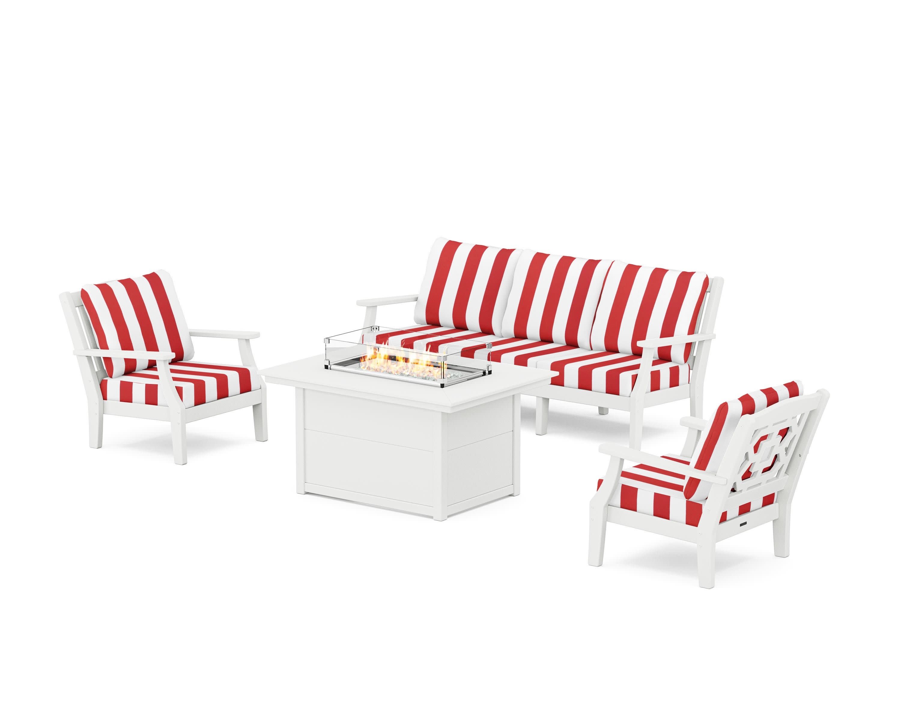 Chinoiserie Deep Seating Fire Pit Table Set in White / Cabana Stripe Crimson