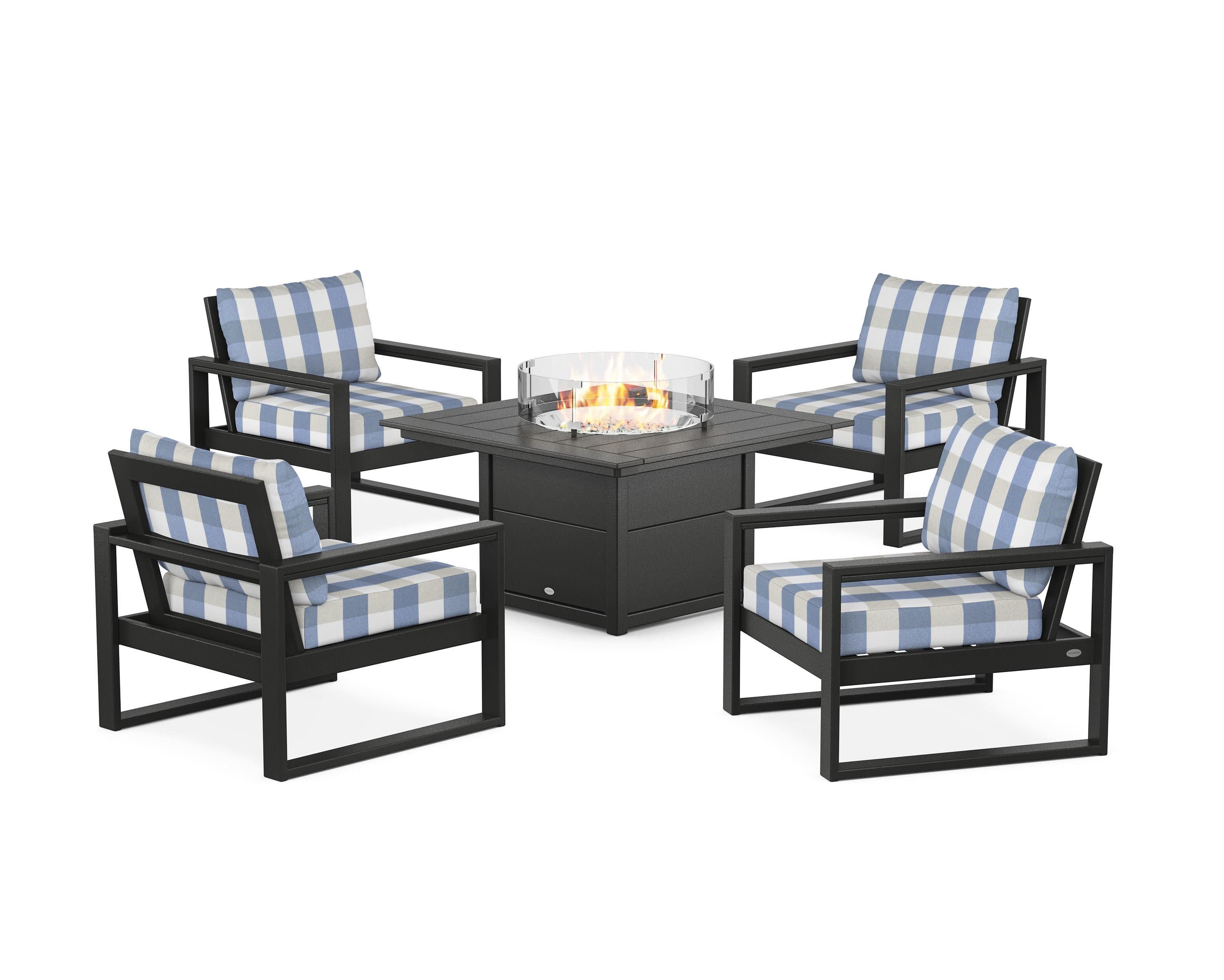 EDGE Sectional 5-Piece Deep Seating Set with Fire Pit Table in Black / Buffalo Plaid Sky Blue