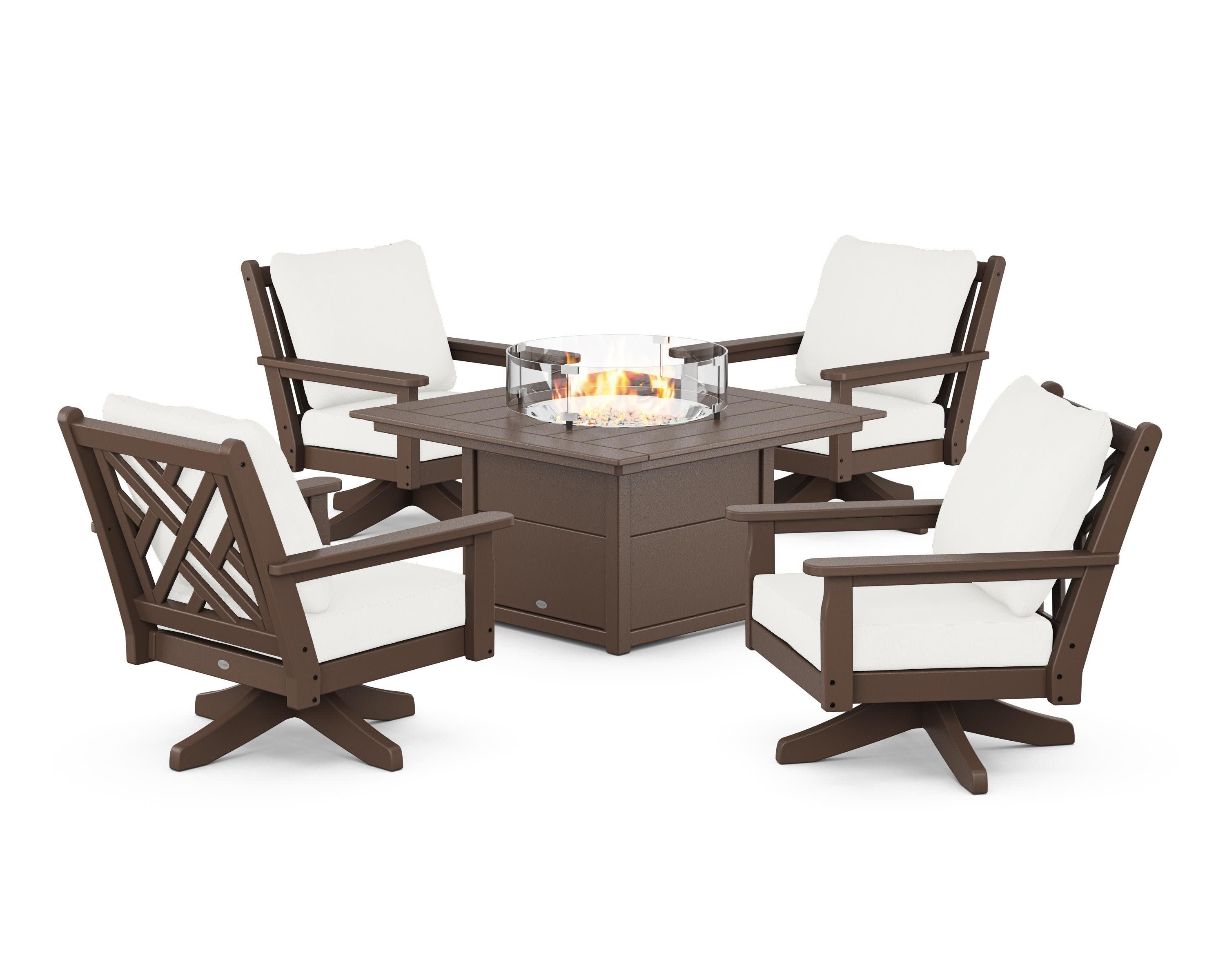 Chippendale 5-Piece Deep Seating Swivel Conversation Set with Fire Pit Table in Mahogany / Natural Linen