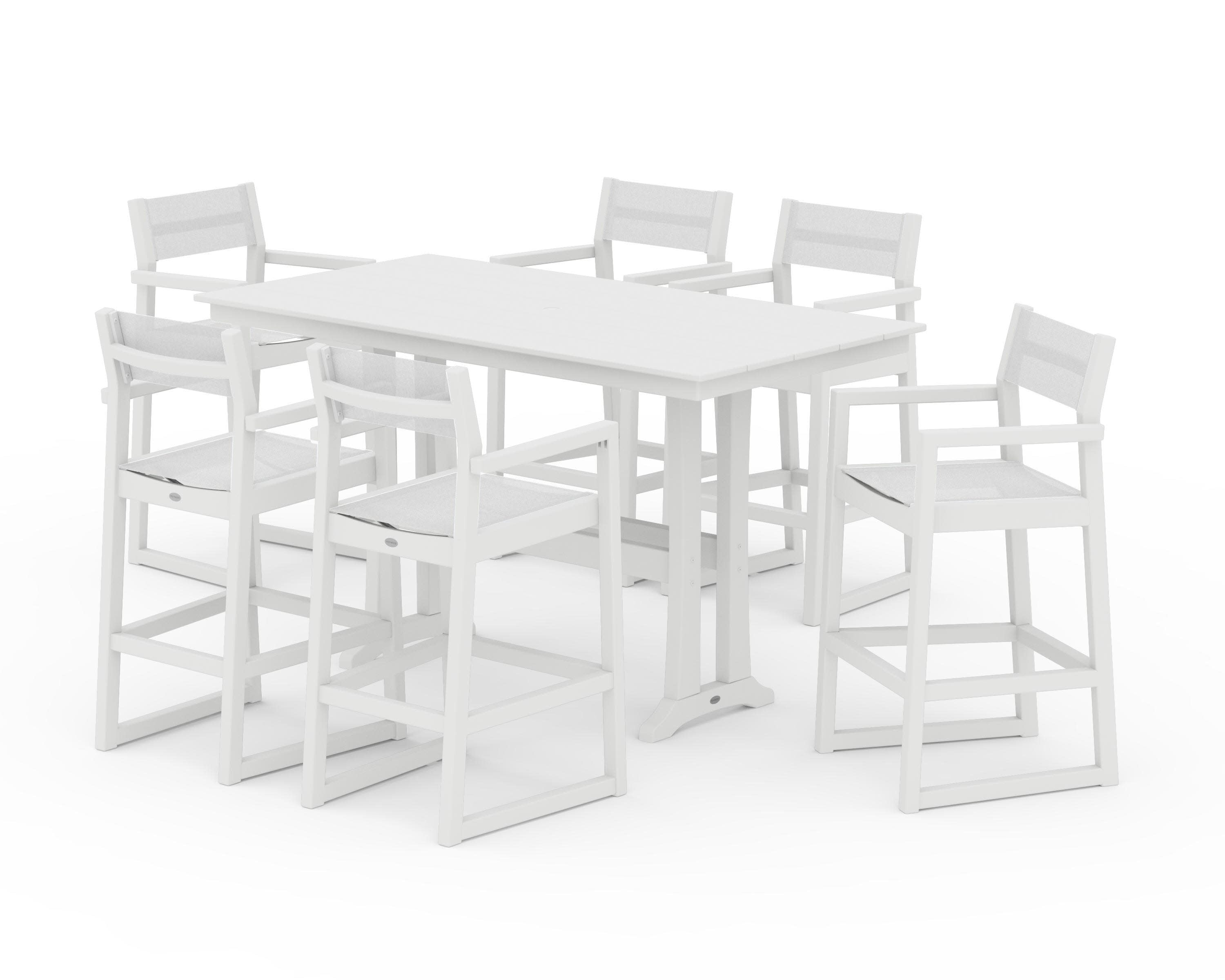 EDGE Sling Arm Chair 7-Piece Farmhouse Bar Set with Trestle Legs in White / White Sling