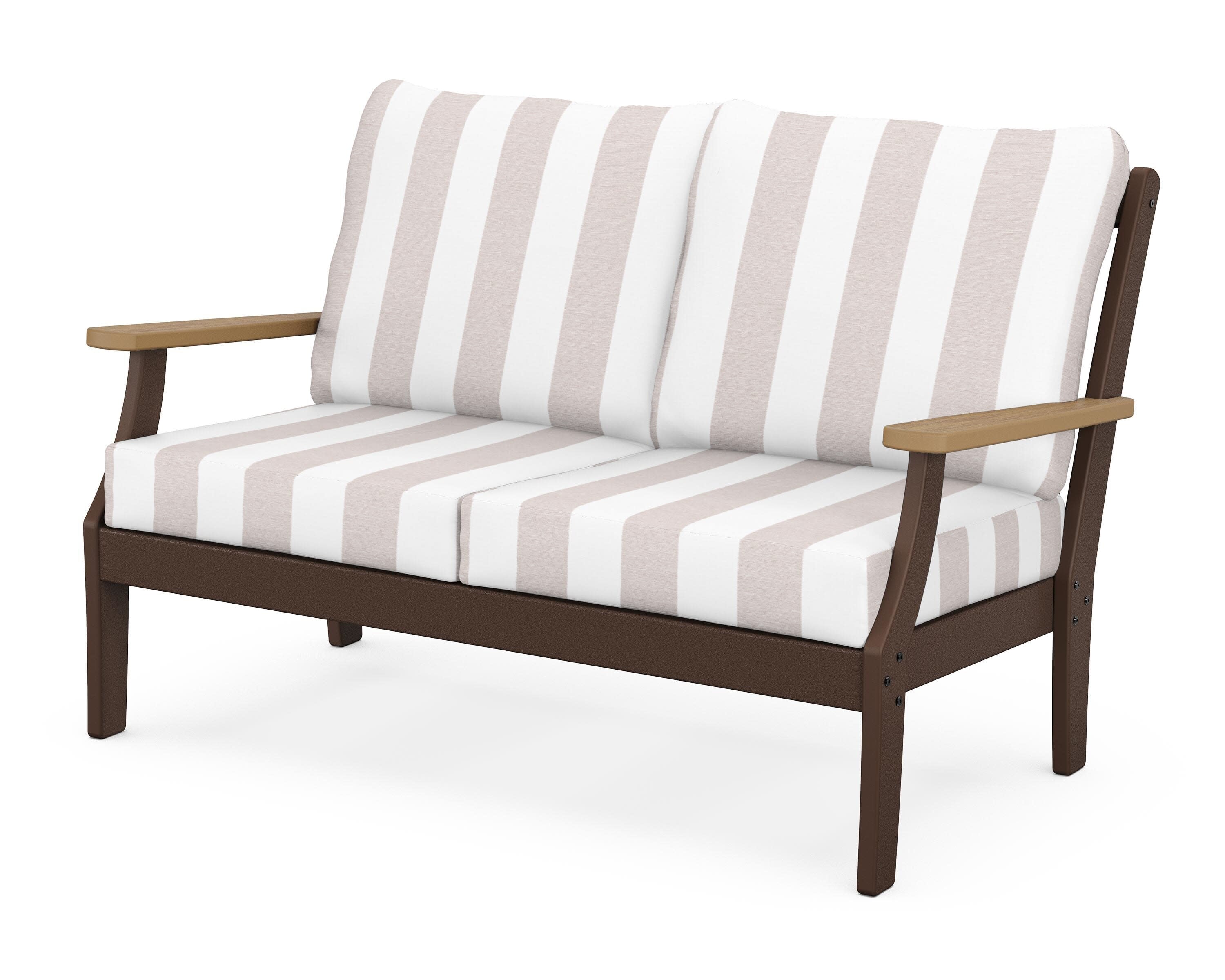 Braxton Deep Seating Loveseat in Mahogany / Natural / Cabana Stripe Dune Burlap