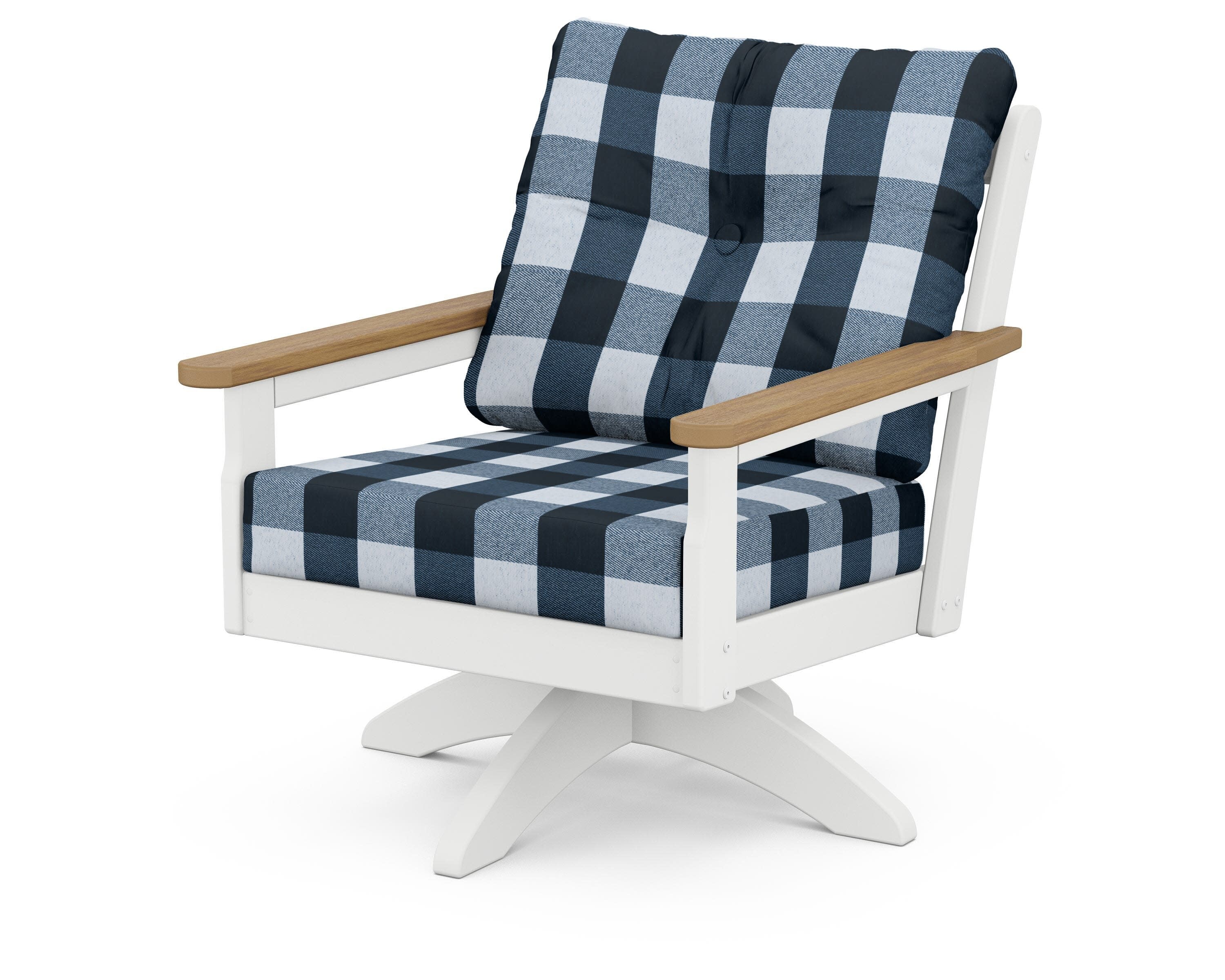Vineyard Deep Seating Swivel Chair in White / Natural / Buffalo Plaid Marine Indigo