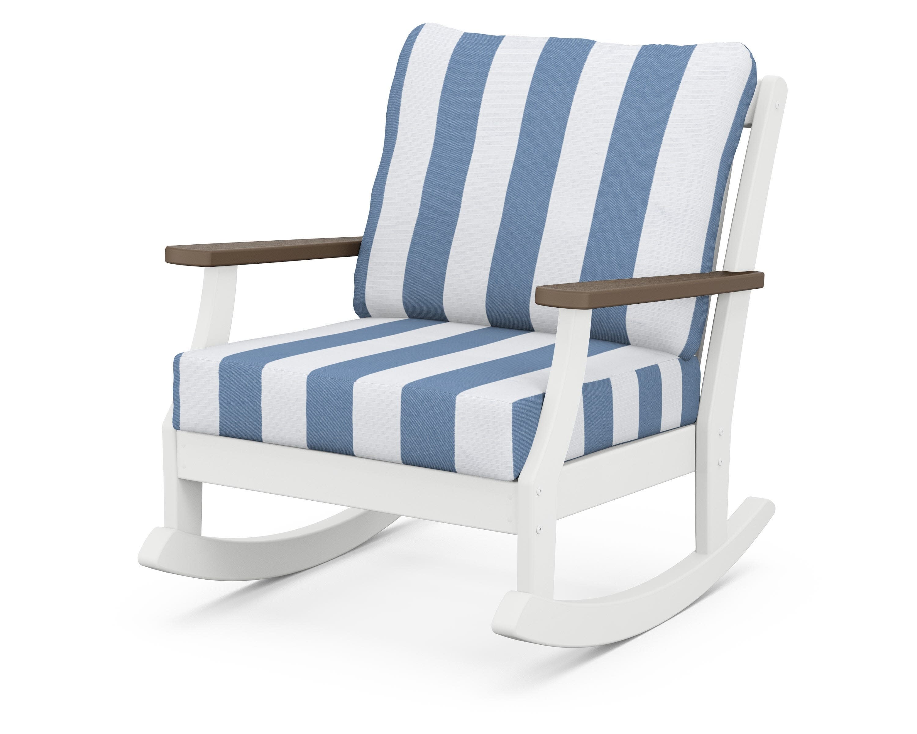 Braxton Deep Seating Rocking Chair in White / Kona / Cabana Stripe Sky Blue