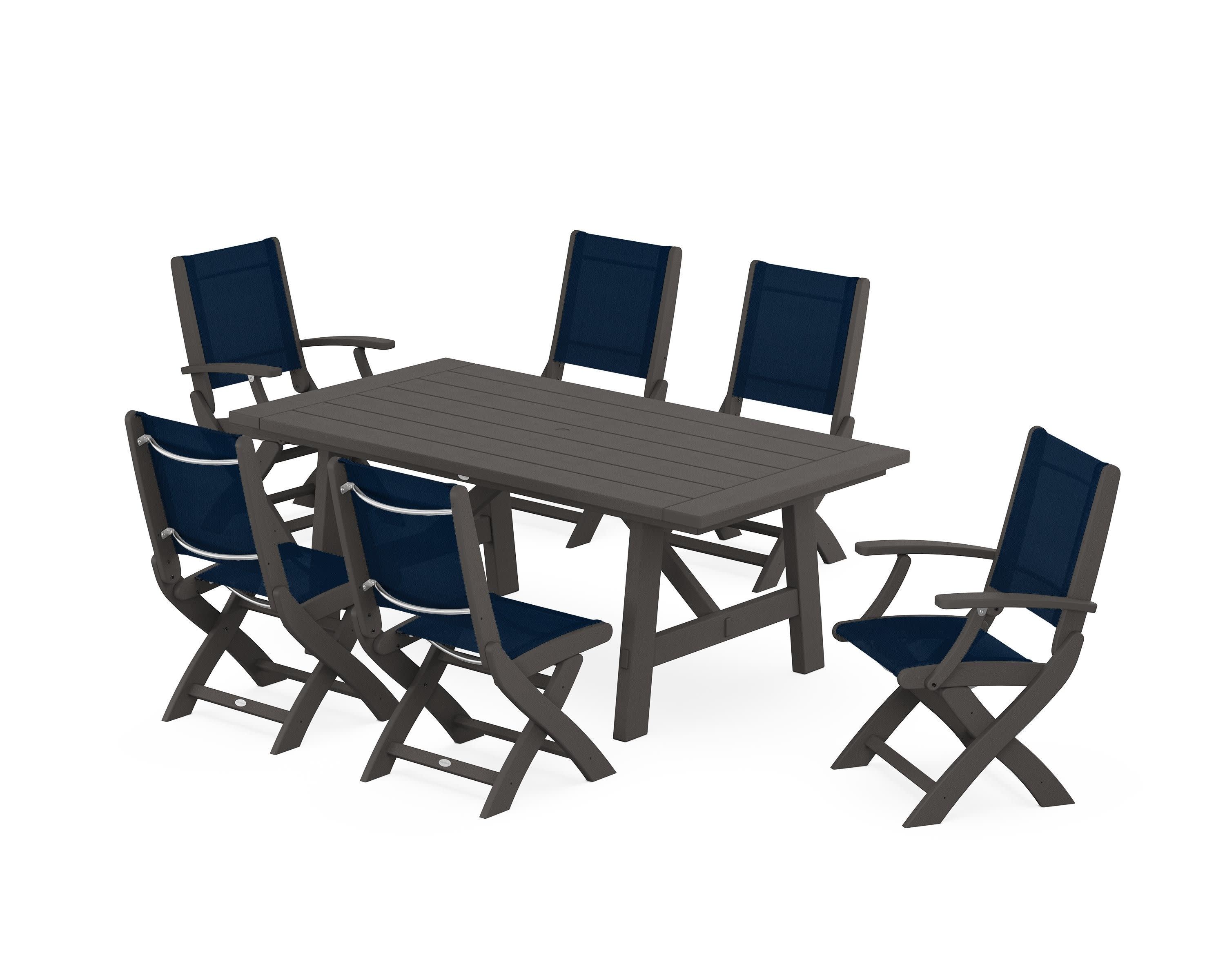 Coastal Folding Chair 7-Piece Rustic Farmhouse Dining Set in Vintage Coffee / Navy Blue Sling