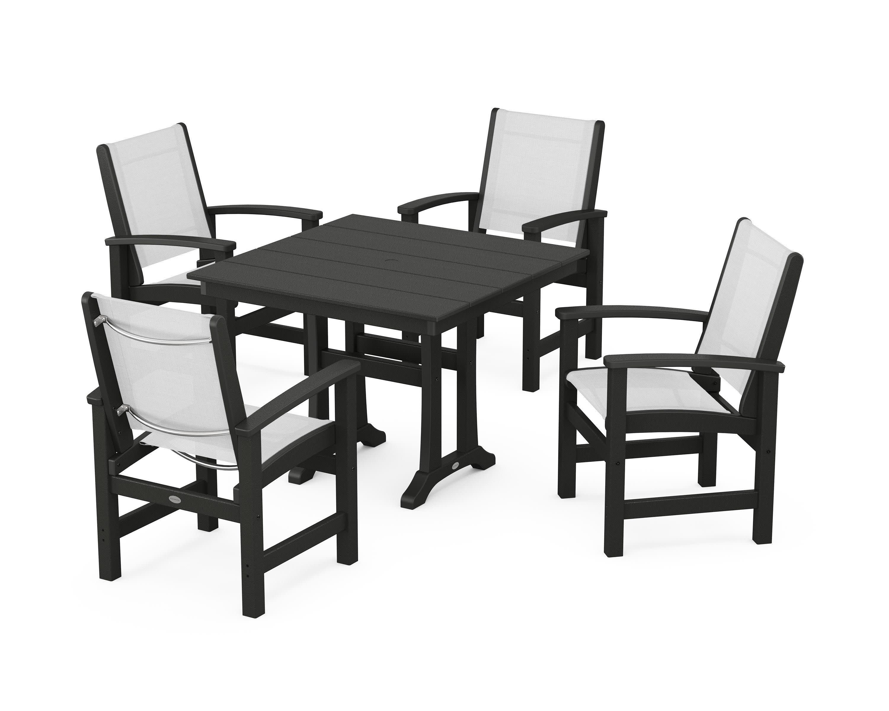 Coastal 5-Piece Farmhouse Dining Set With Trestle Legs in Black / White Sling