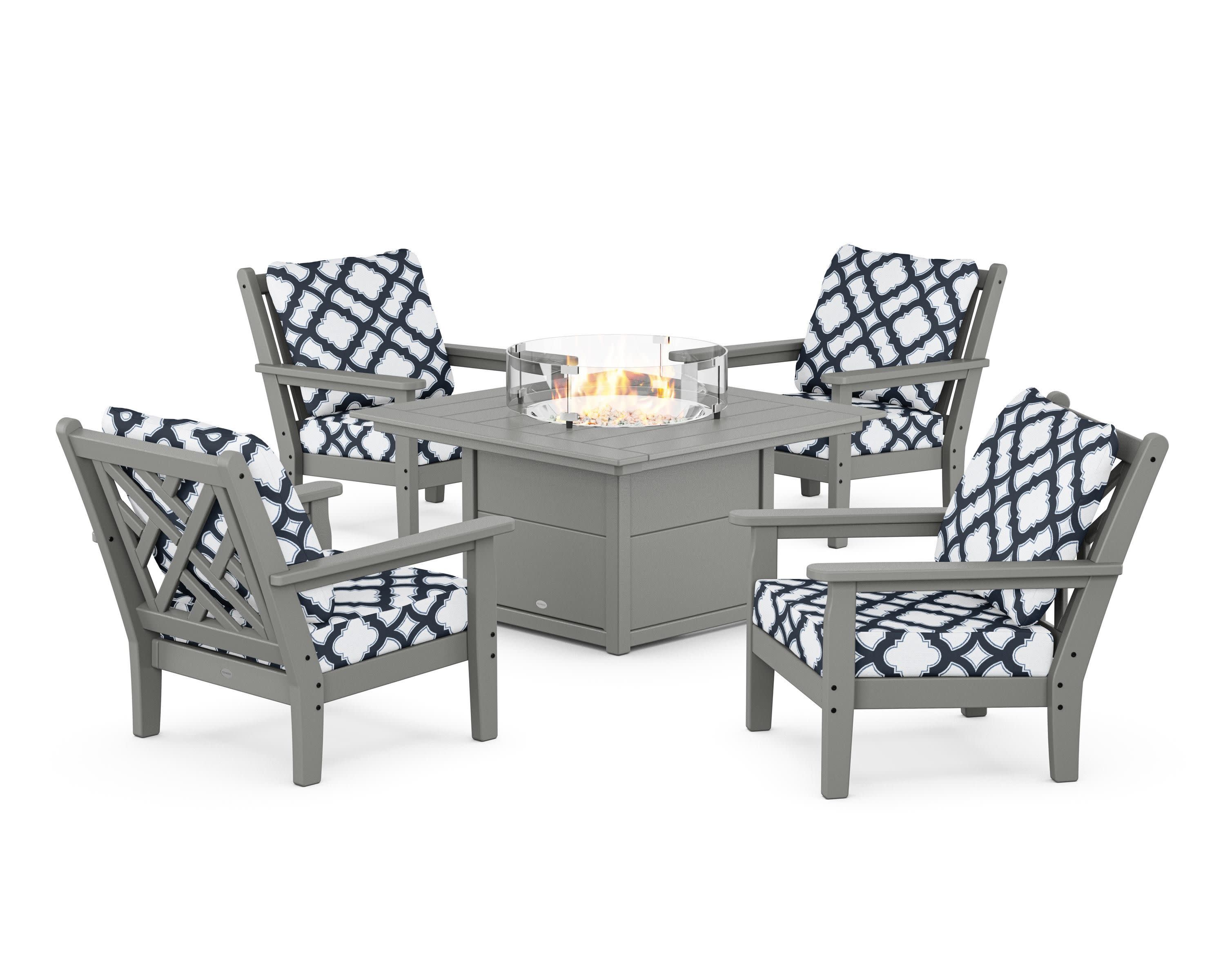 Chippendale 5-Piece Deep Seating Set with Fire Pit Table in Slate Grey / Trellis Marine Indigo