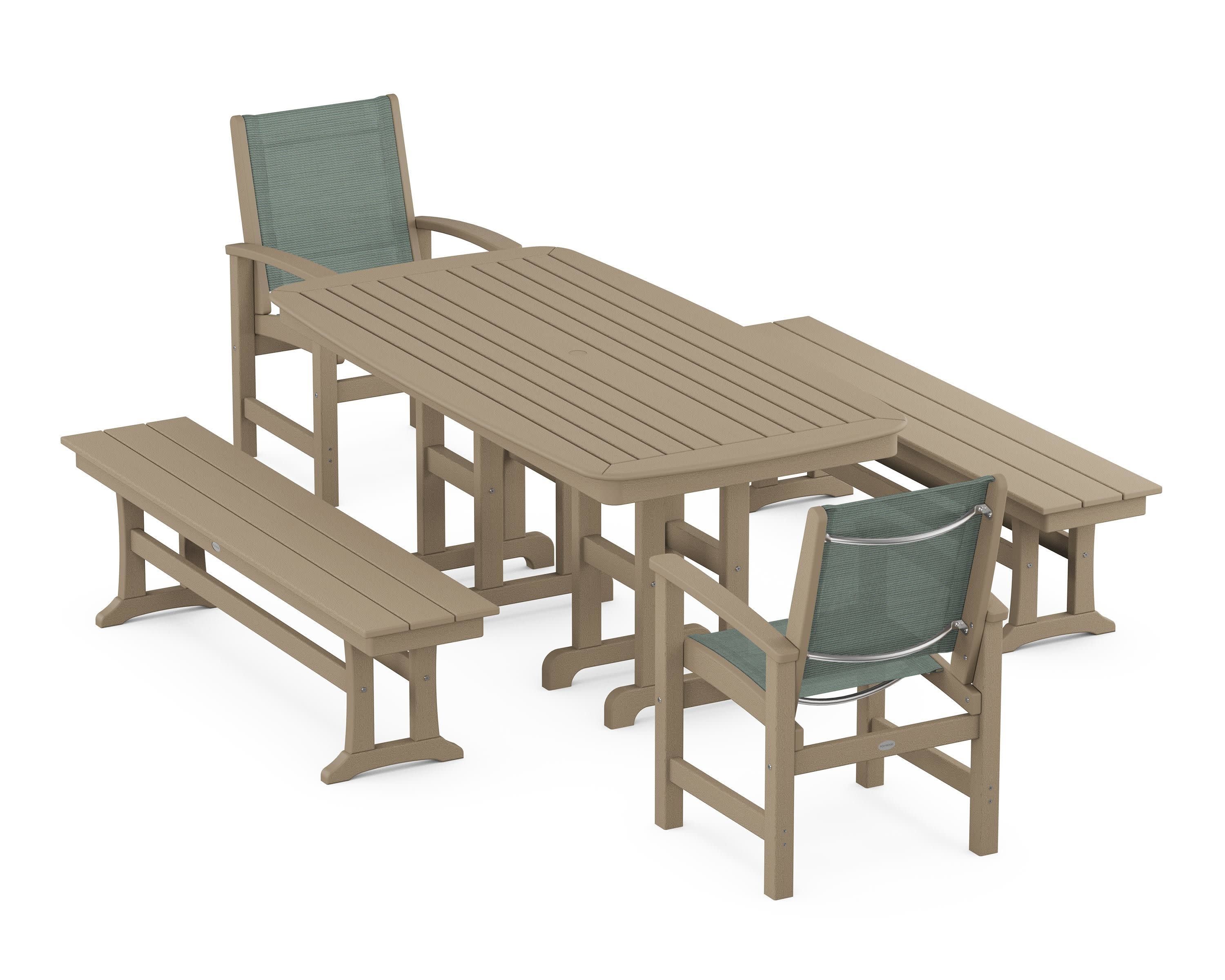 Coastal 5-Piece Dining Set in Vintage Sahara / Dupioni Sea Mist Sling