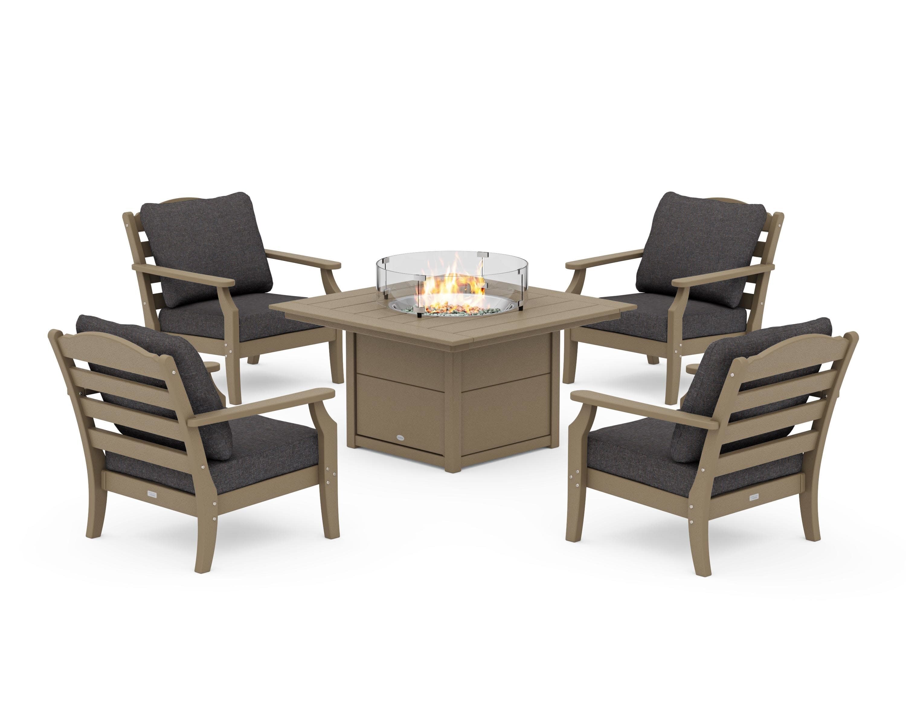 Savannah 5-Piece Deep Seating Set with Fire Pit Table in Vintage Sahara / Ash Charcoal