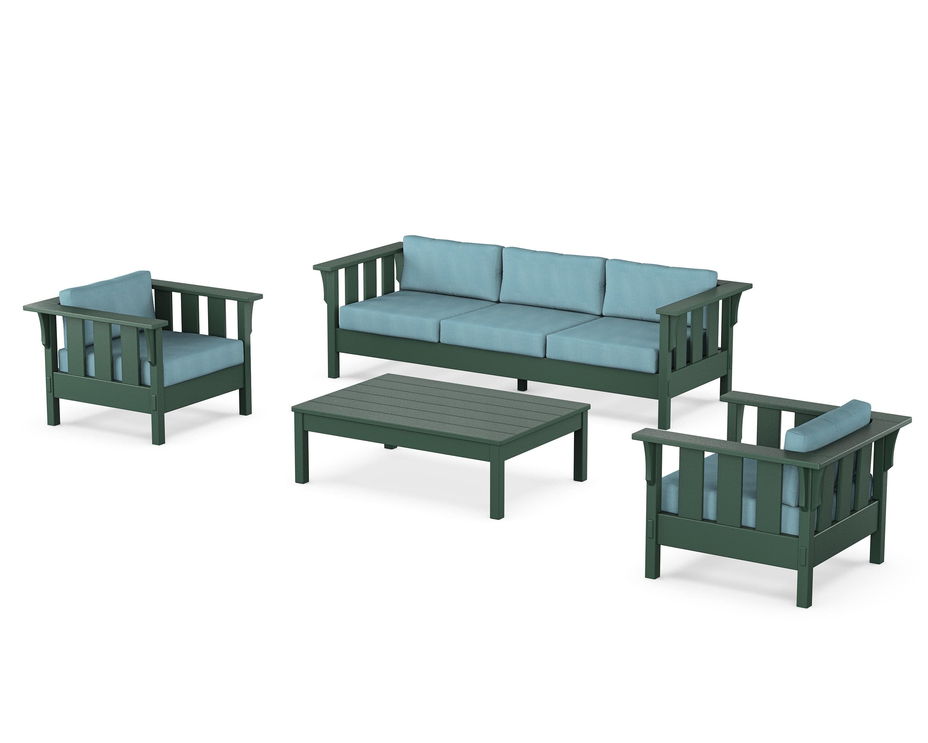 Acadia 4-Piece Deep Seating Set with Sofa in Green / Lattice Sky Blue