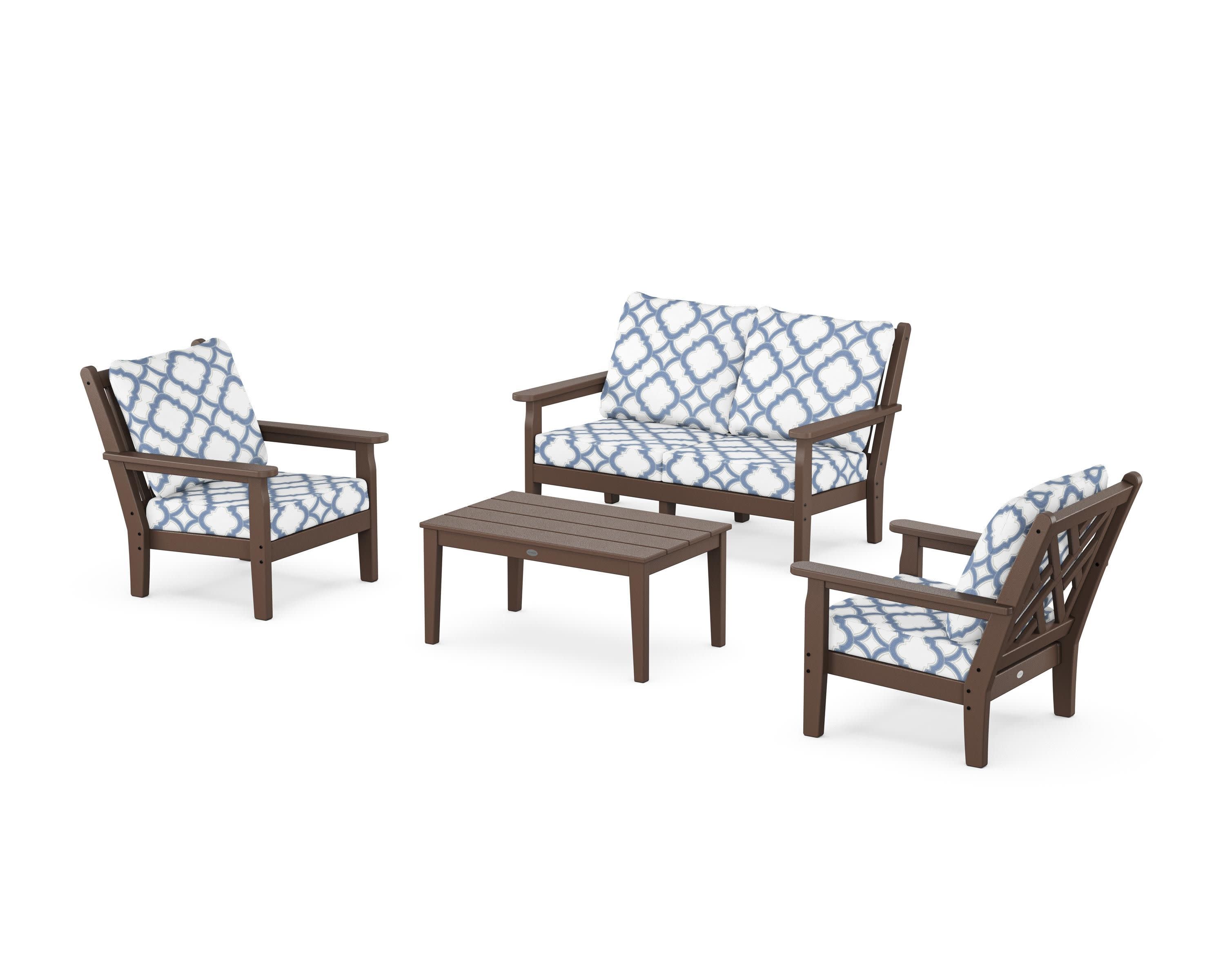 Chippendale 4-Piece Deep Seating Set with Loveseat in Mahogany / Trellis Sky Blue
