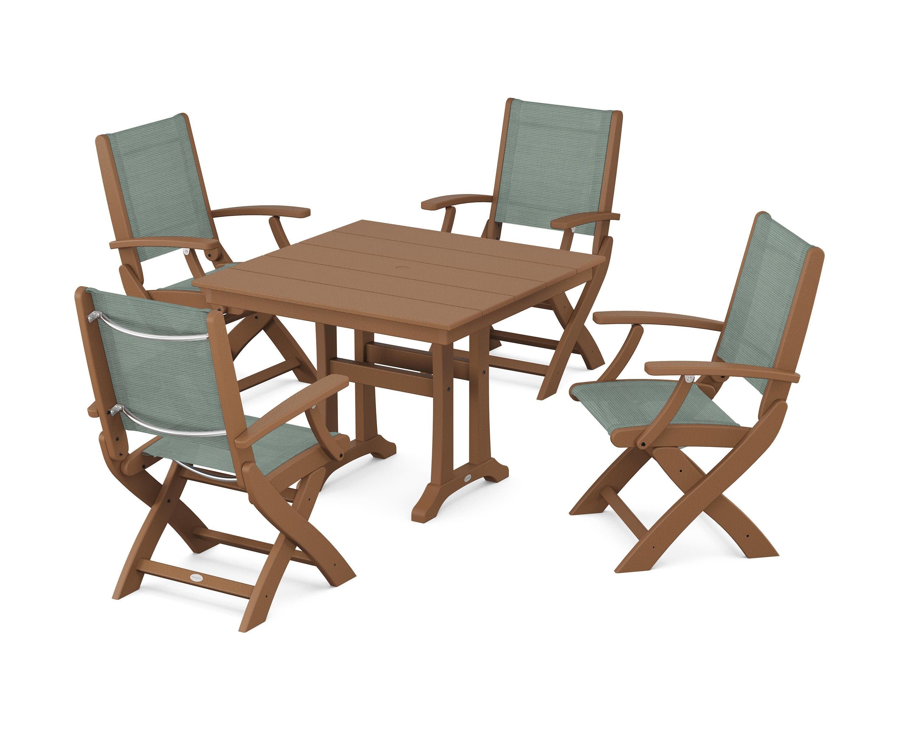 Coastal Folding Chair 5-Piece Farmhouse Dining Set With Trestle Legs in Teak / Dupioni Sea Mist Sling