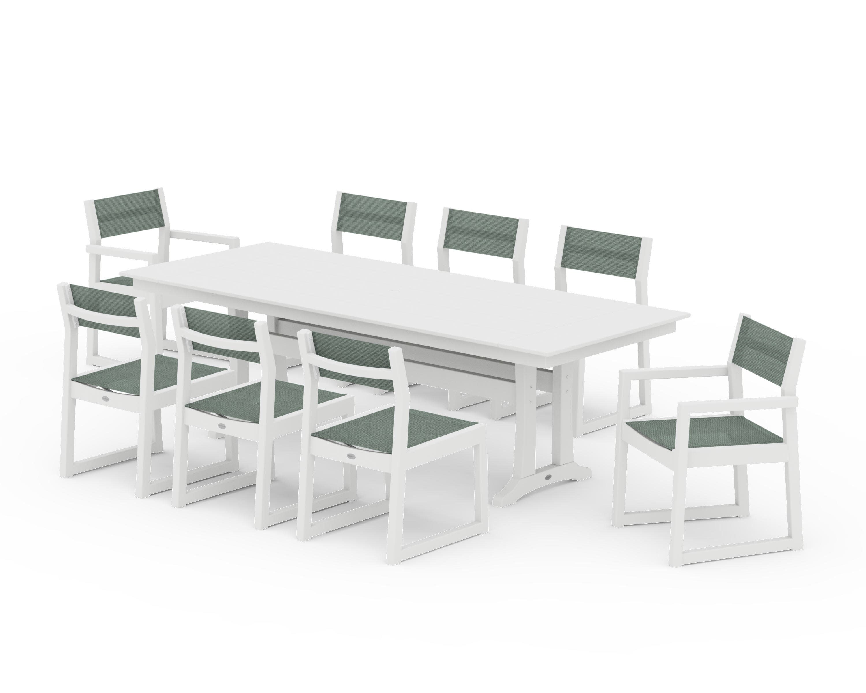 EDGE Sling 9-Piece Farmhouse Trestle Dining Set in White / Dupioni Sea Mist Sling