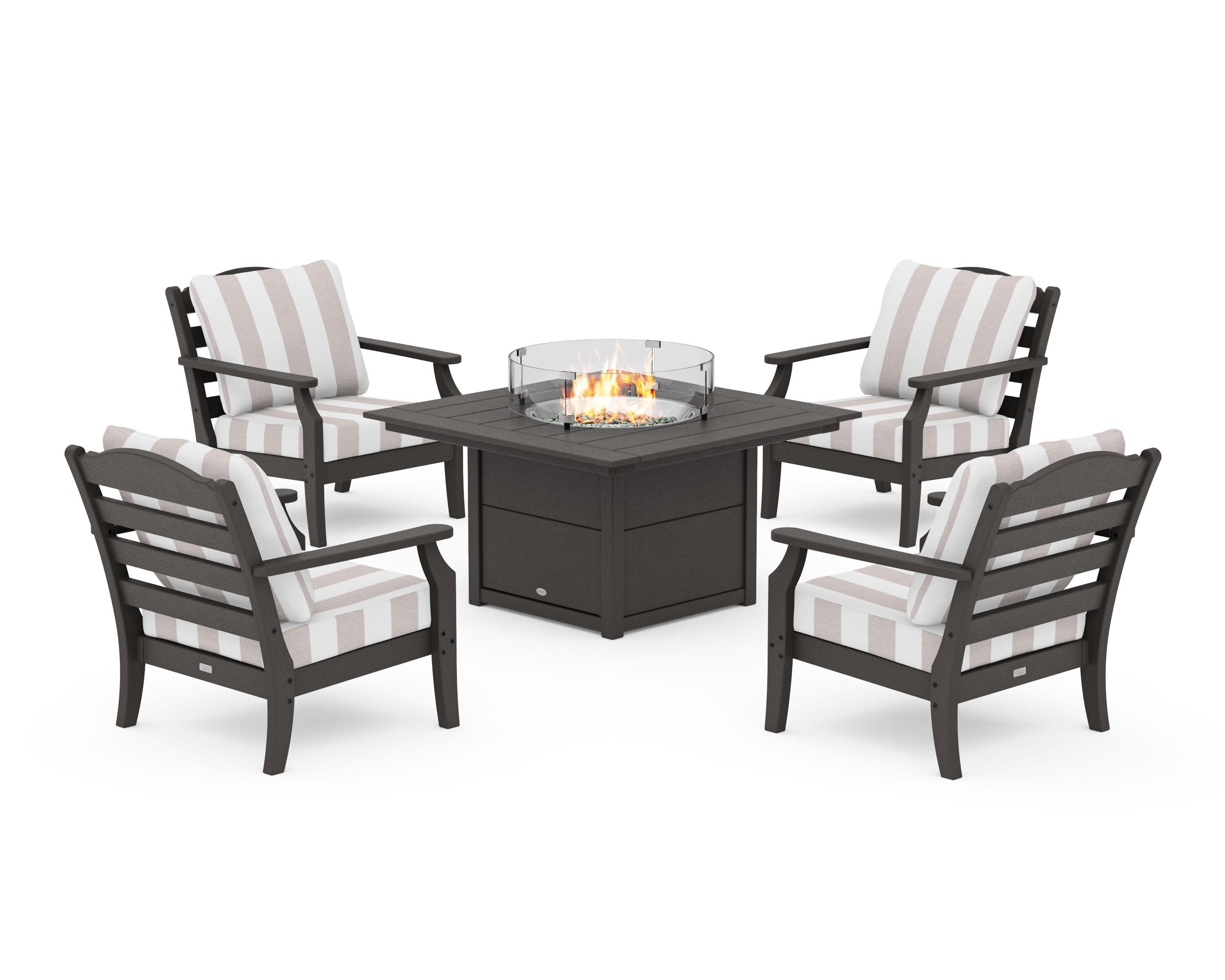 Savannah 5-Piece Deep Seating Set with Fire Pit Table in Vintage Coffee / Cabana Stripe Dune Burlap