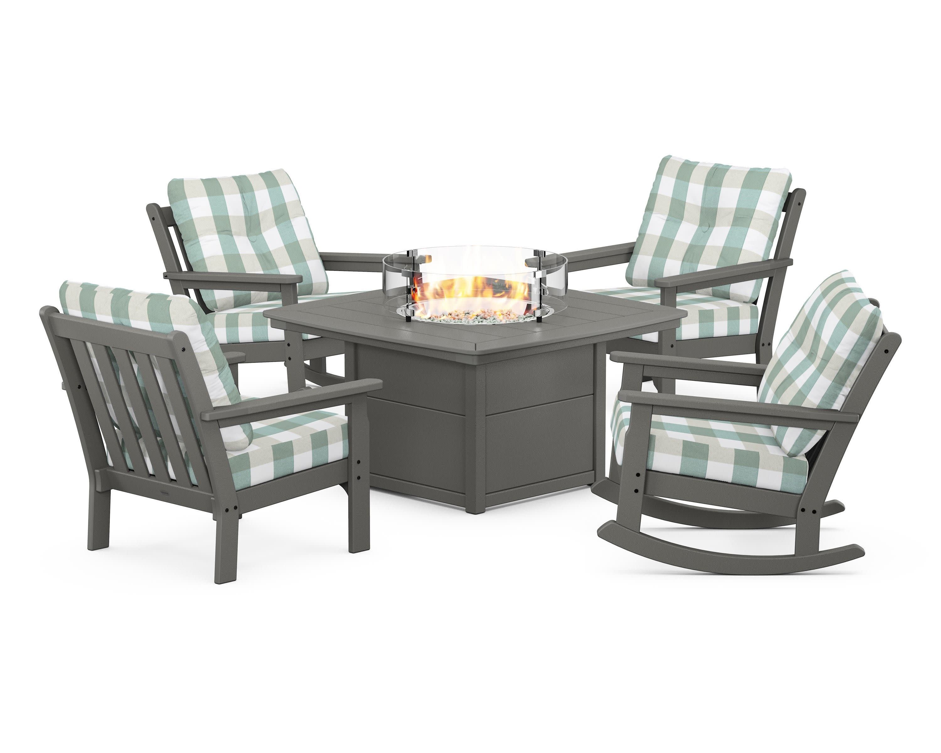 Vineyard 5-Piece Deep Seating Rocking Chair Conversation Set with Fire Pit Table in Slate Grey / Buffalo Plaid Glacier Spa