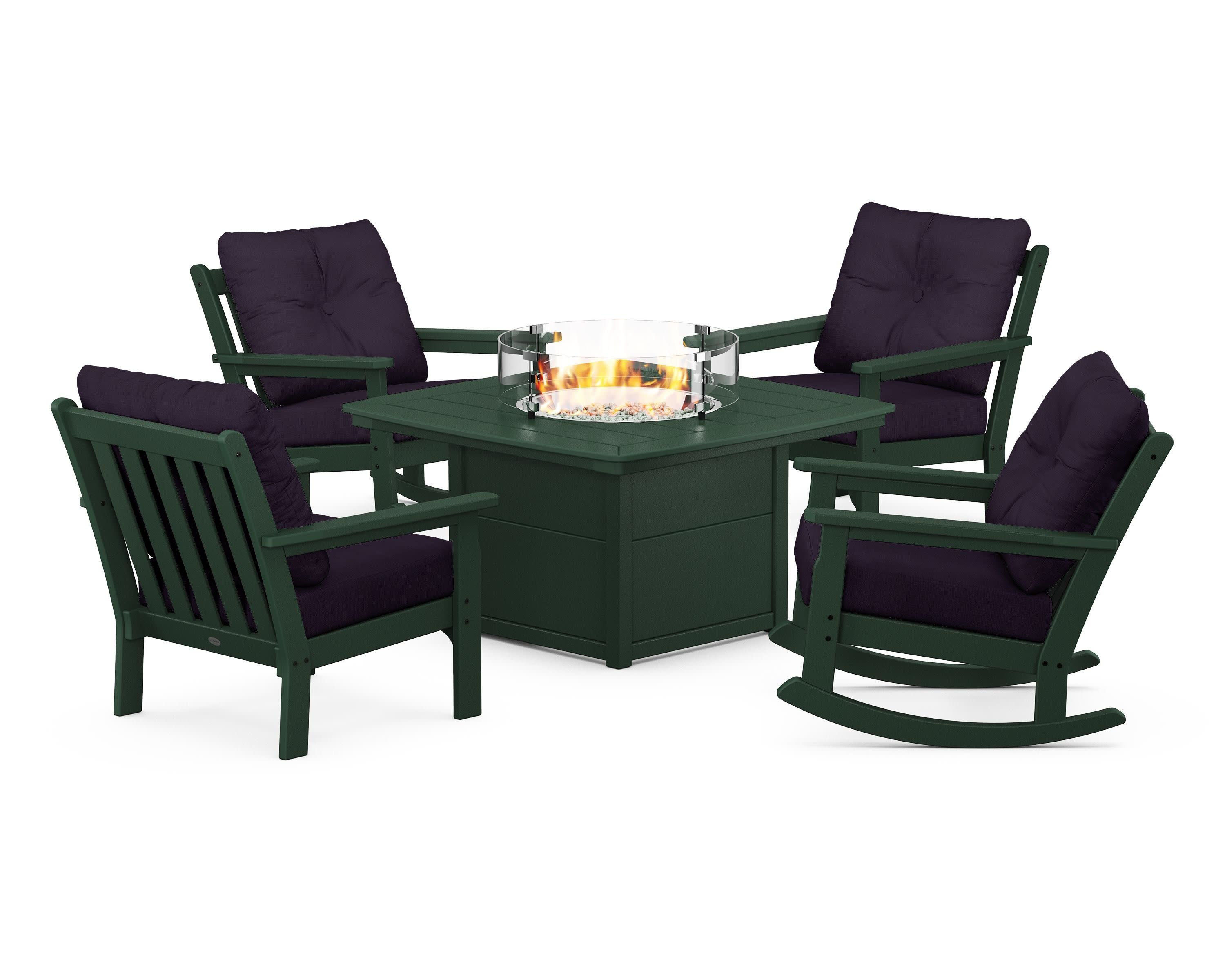 Vineyard 5-Piece Deep Seating Rocking Chair Conversation Set with Fire Pit Table in Green / Navy Linen