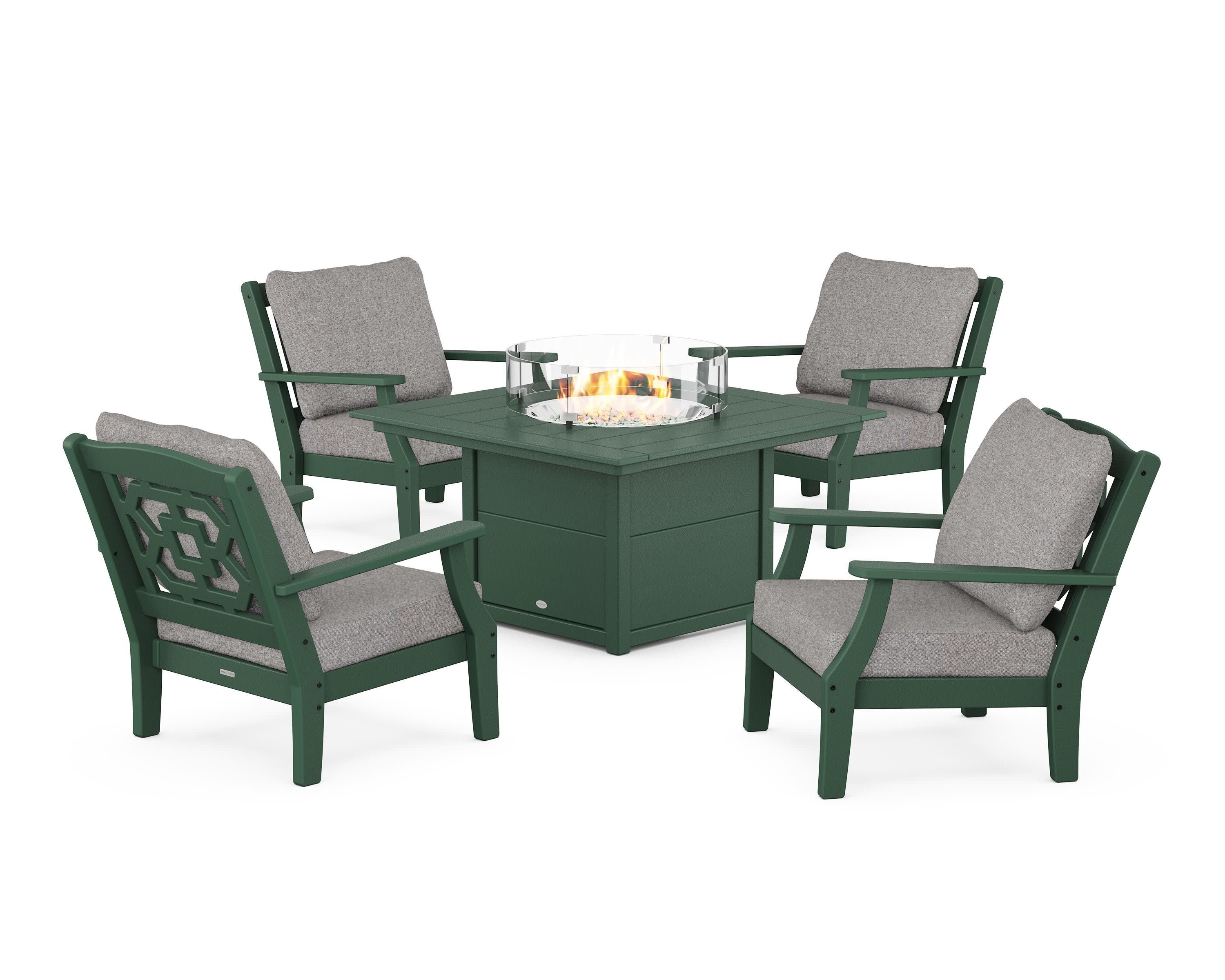 Chinoiserie 5-Piece Deep Seating Set with Fire Pit Table in Green / Grey Mist