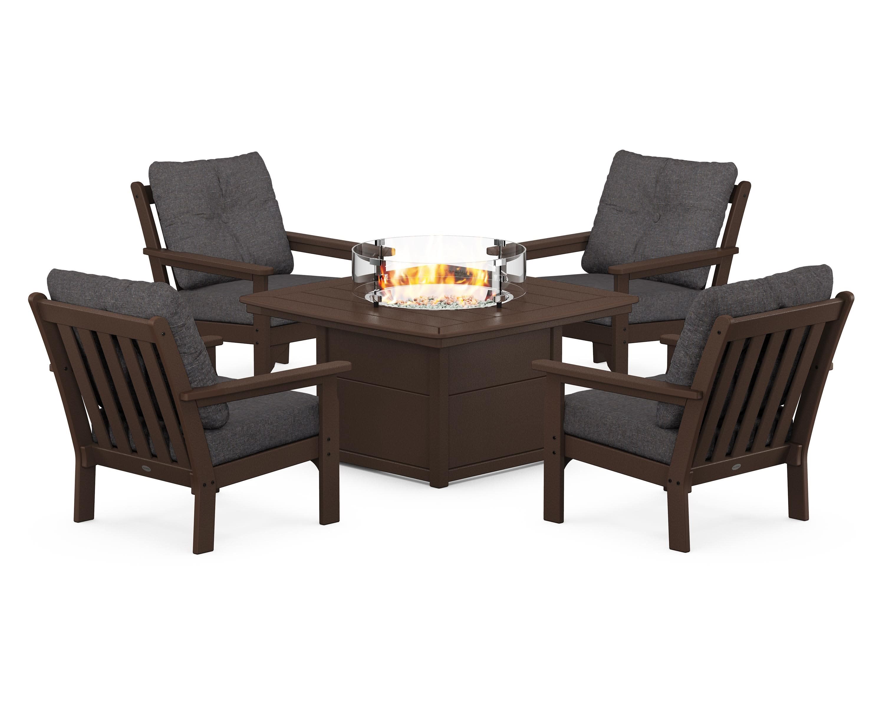 Vineyard 5-Piece Conversation Set with Fire Pit Table in Mahogany / Ash Charcoal