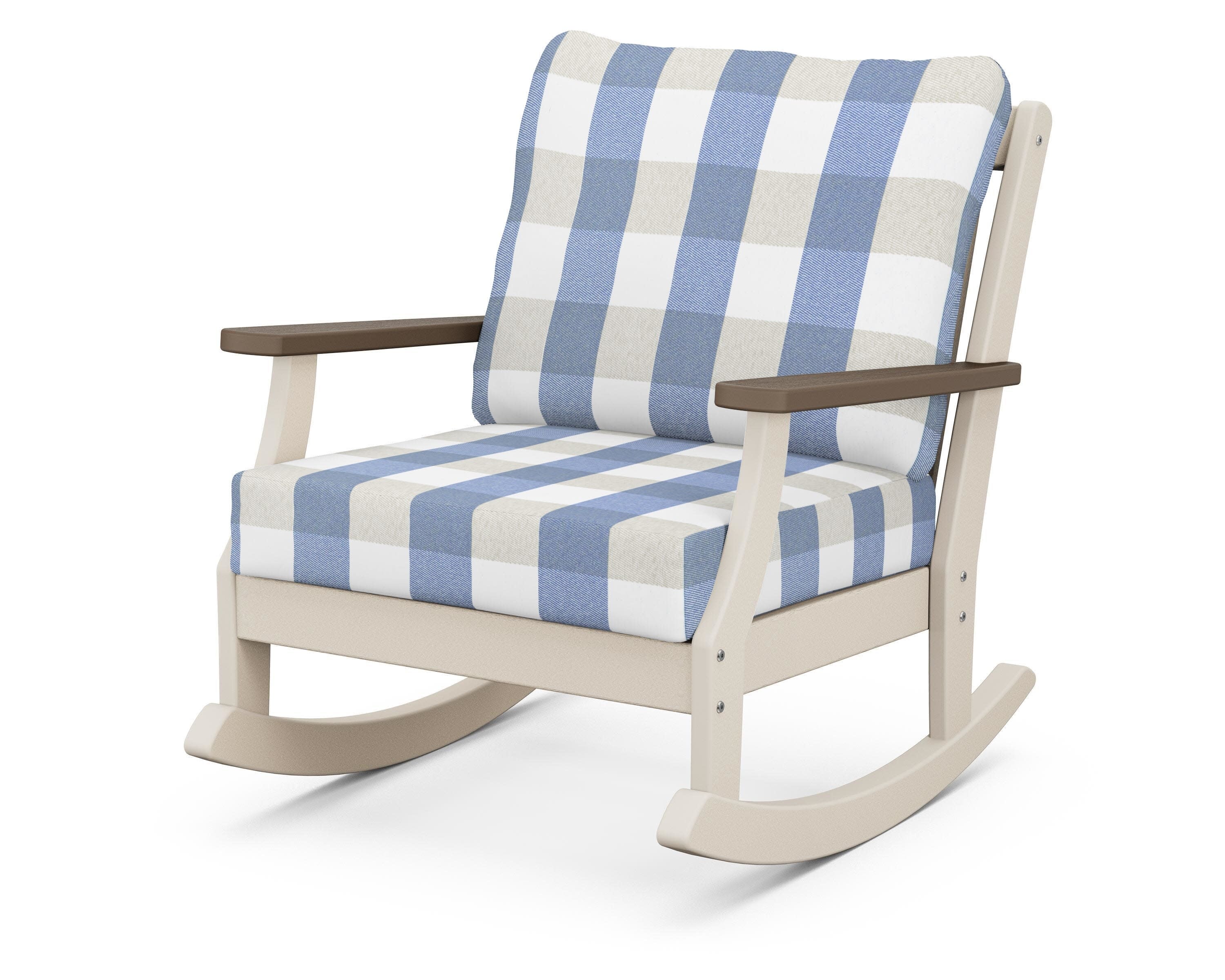 Braxton Deep Seating Rocking Chair in Sand / Kona / Buffalo Plaid Sky Blue