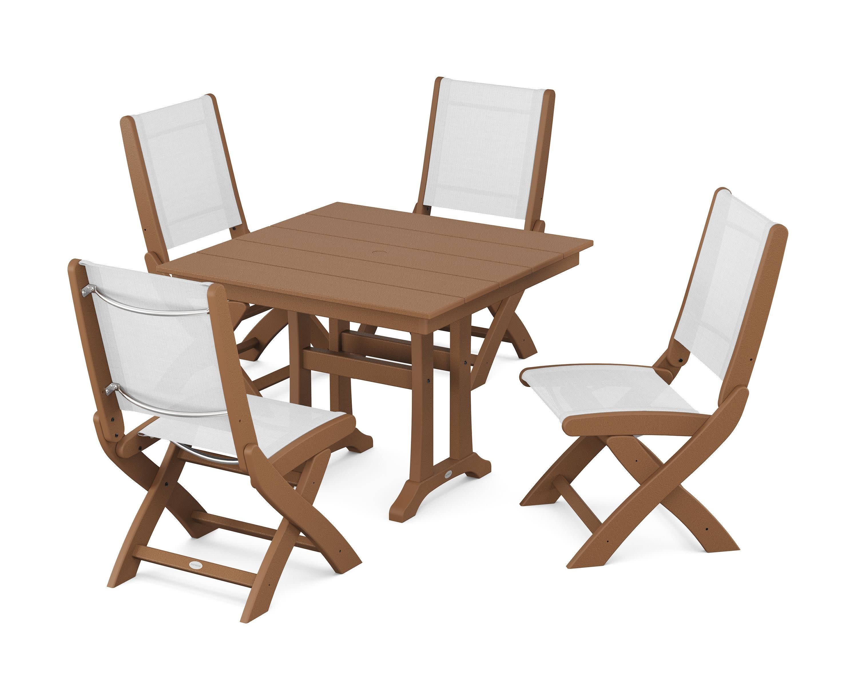 Coastal Folding Side Chair 5-Piece Farmhouse Dining Set With Trestle Legs in Teak / White Sling