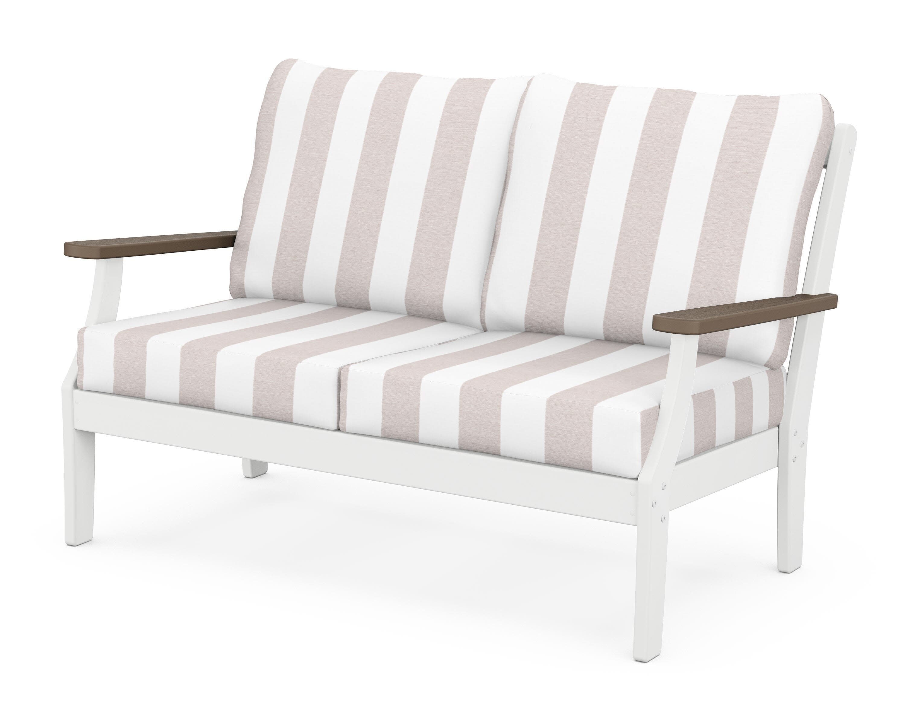 Braxton Deep Seating Loveseat in White / Kona / Cabana Stripe Dune Burlap
