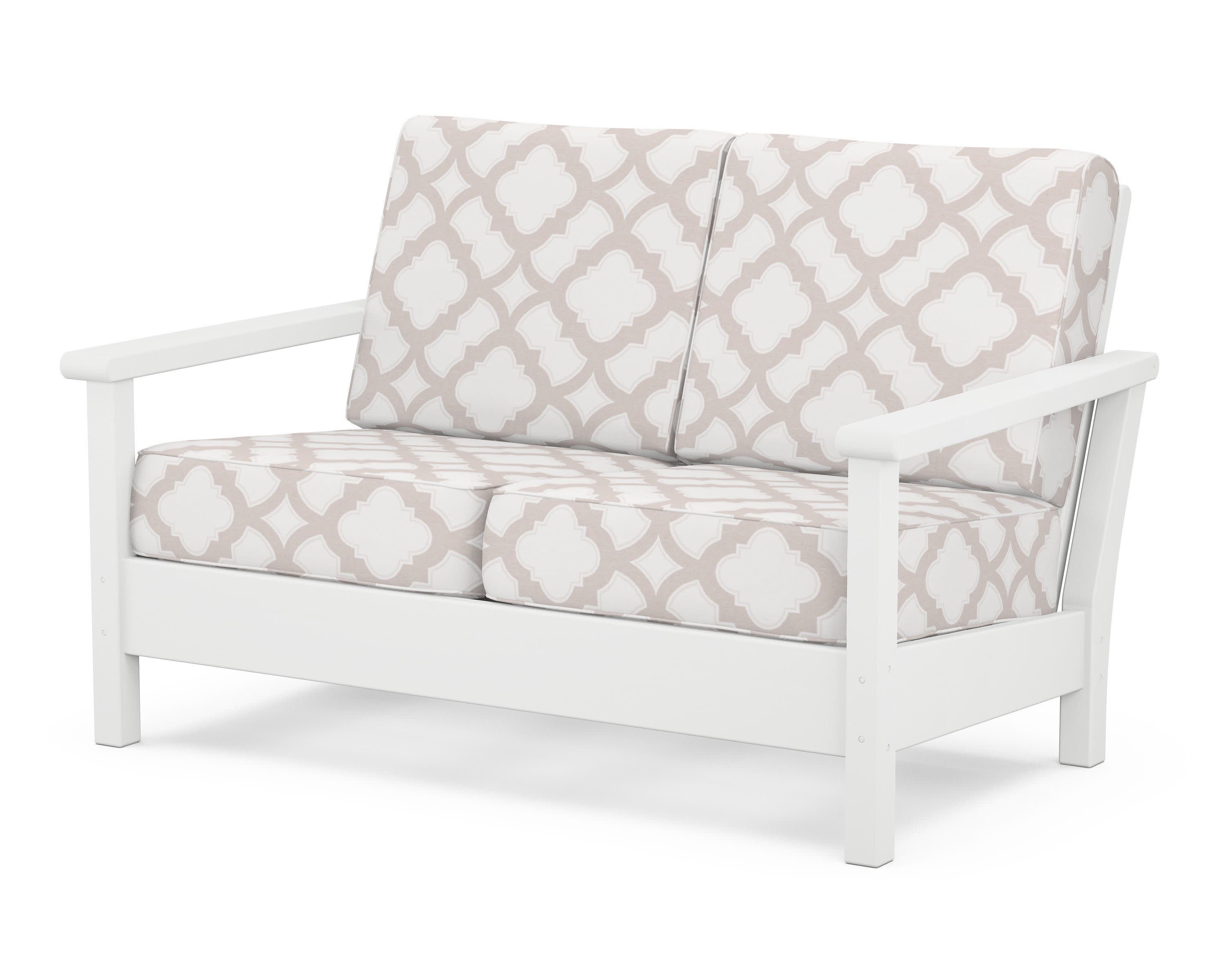 Harbour Deep Seating Loveseat in White / Trellis Dune Burlap