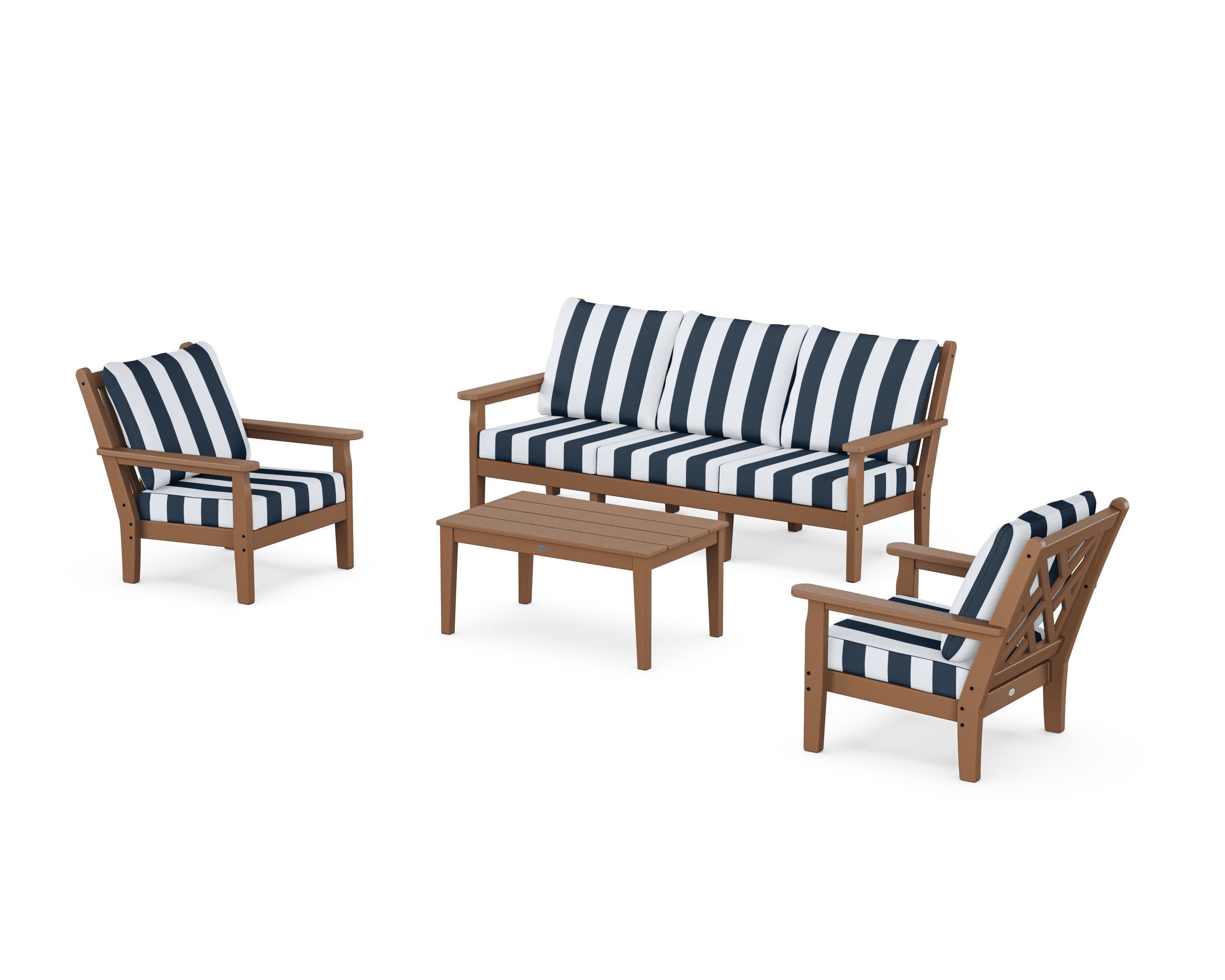 Chippendale 4-Piece Deep Seating Set with Sofa in Teak / Cabana Stripe Marine Indigo