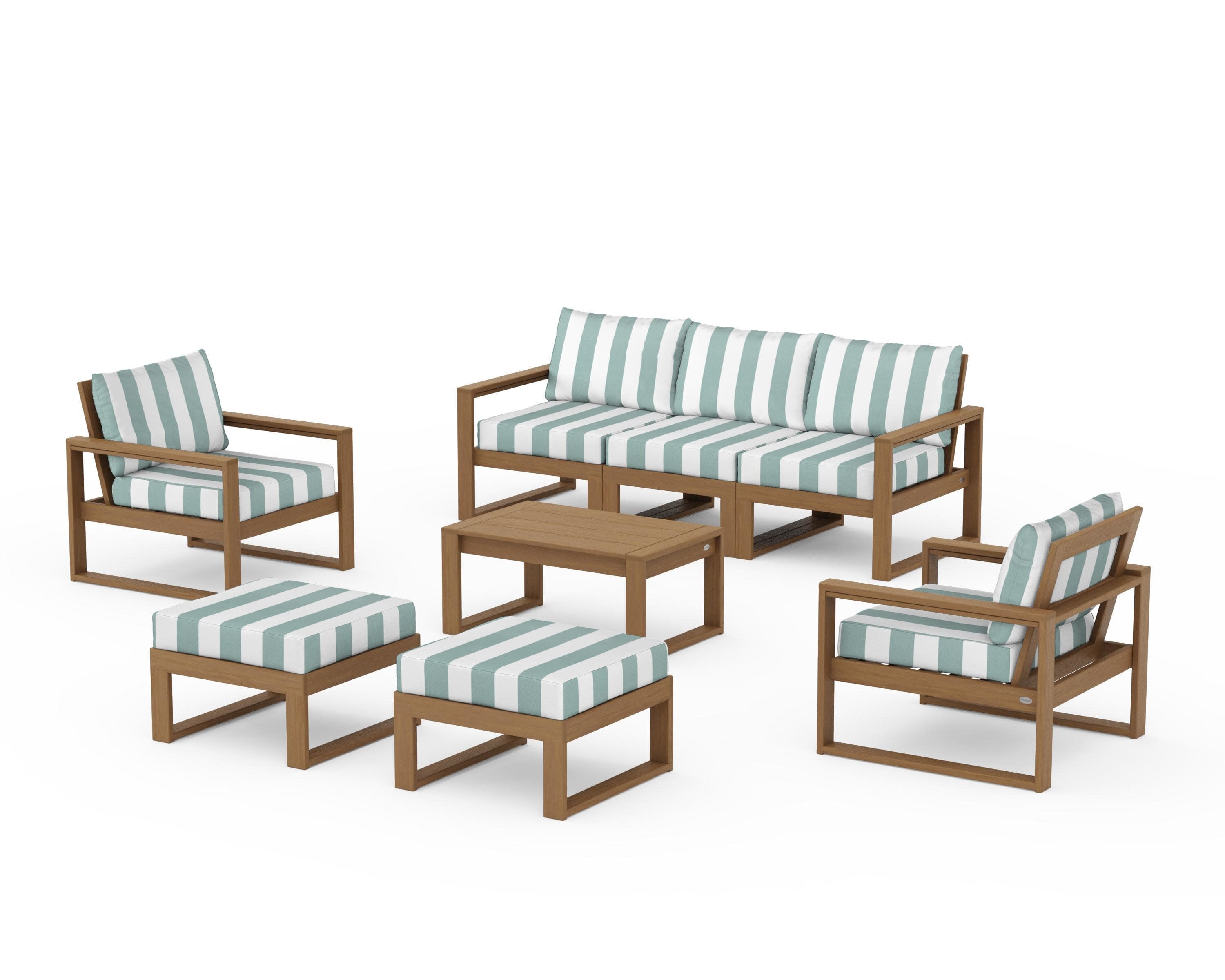 EDGE Sectional 8-Piece Lounge Sofa Set in Natural / Cabana Stripe Glacier Spa