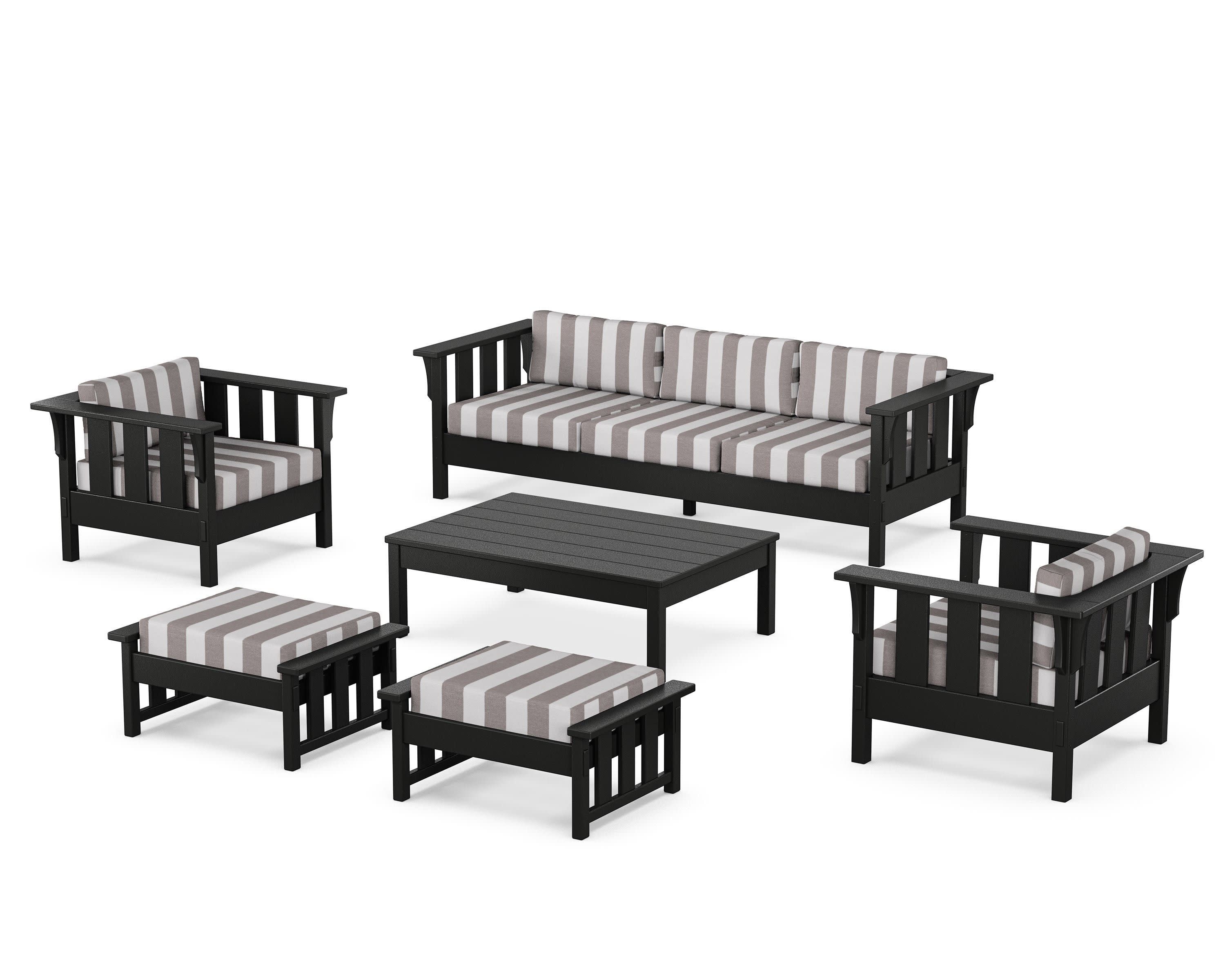 Acadia 6-Piece Lounge Sofa Set in Black / Cabana Stripe Grey Mist
