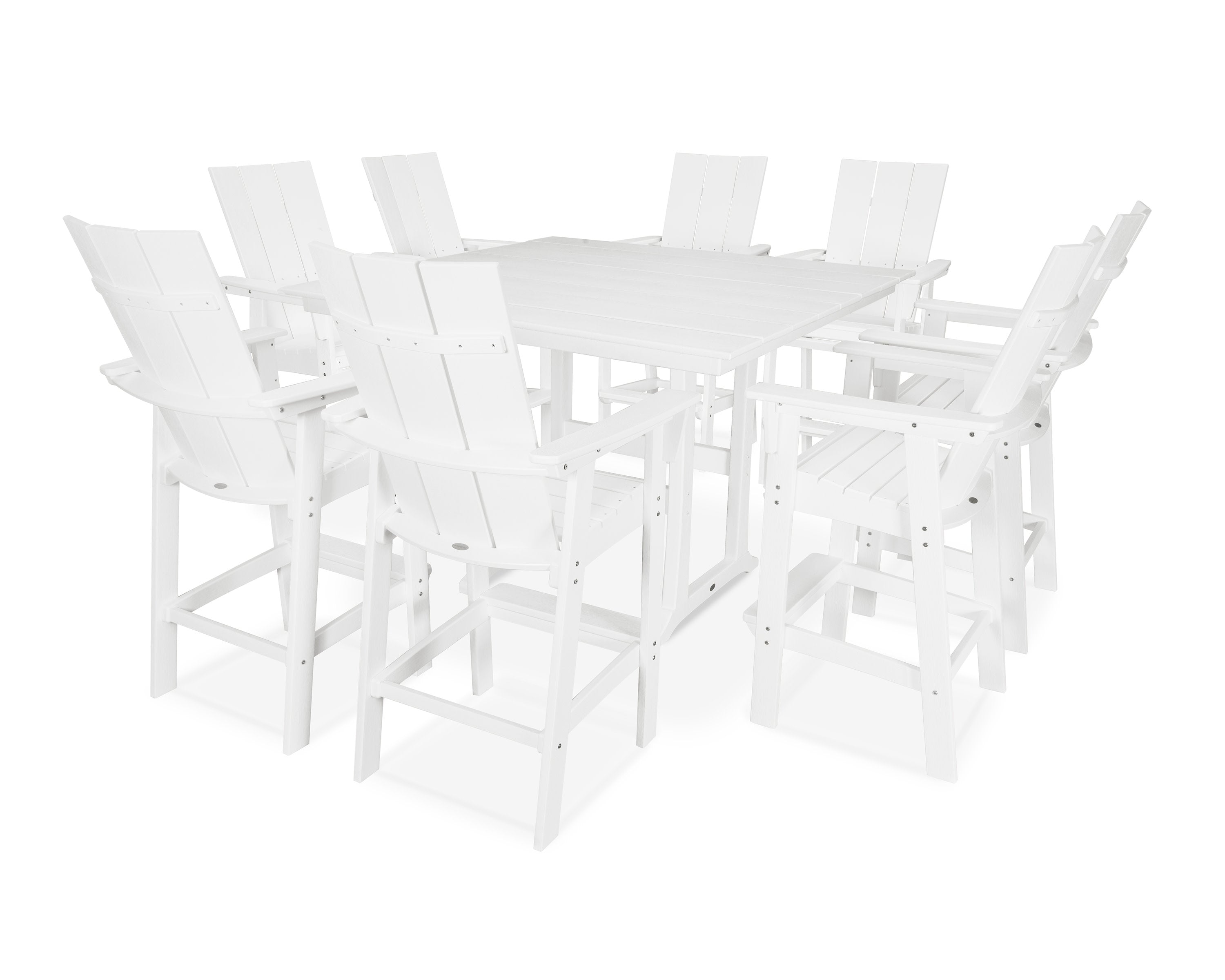 Modern Curveback Adirondack 9-Piece Farmhouse Trestle Bar Set in White